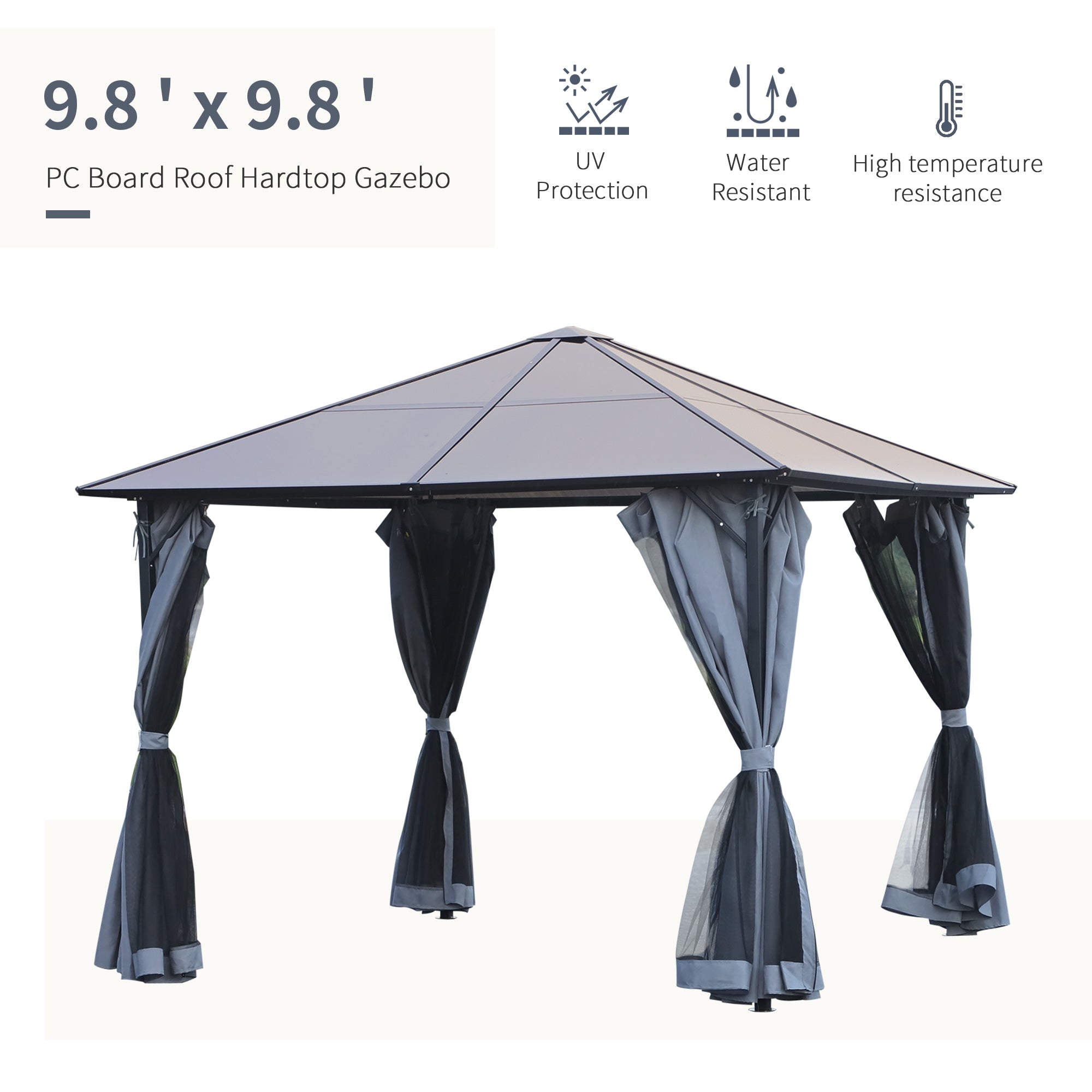 Outsunny 9.8' x 9.8' Patio Gazebo Aluminum Framed Polycarbonate Roof Hardtop Garden Canopy Party Tent Marquee Outdoor Shelter with Mesh Curtains & Side Walls - Grey