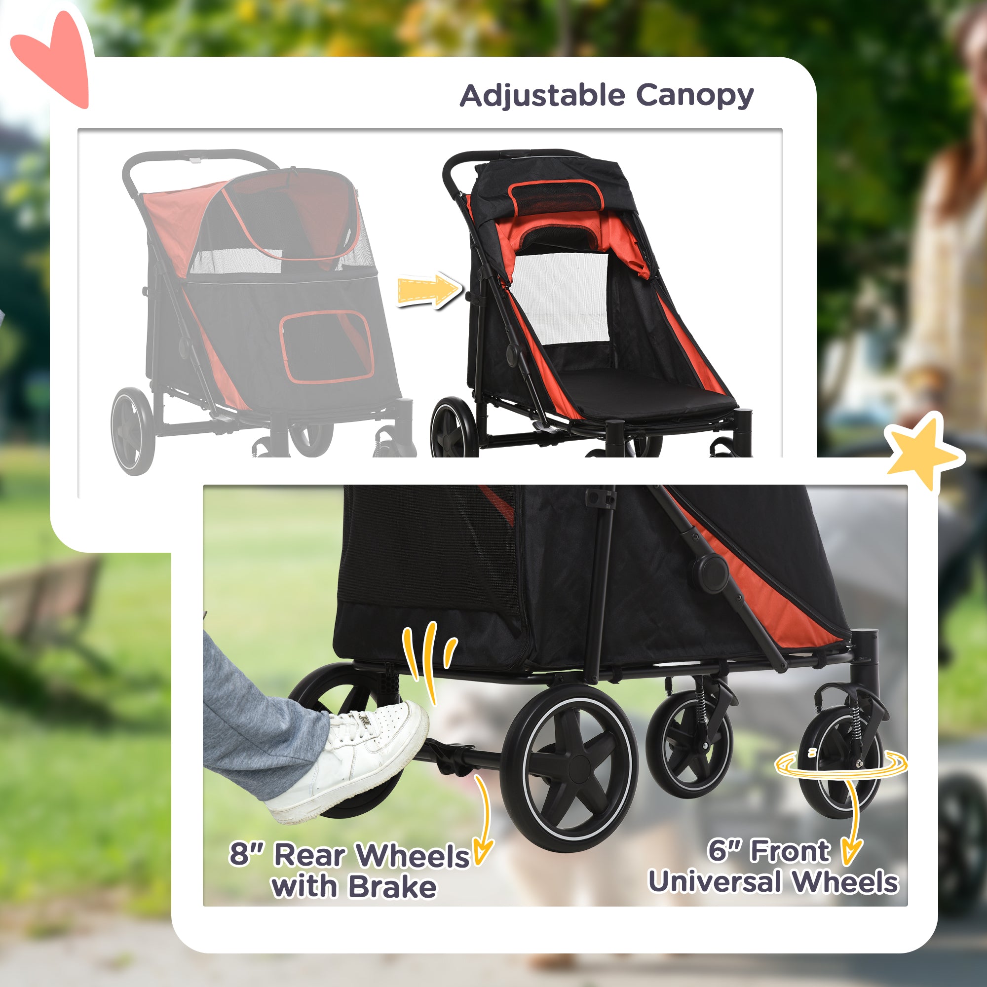 PawHut Dog Pram Dog Stroller Pet Pushchair with Adjustable Canopy for Medium and Large Dogs, Red