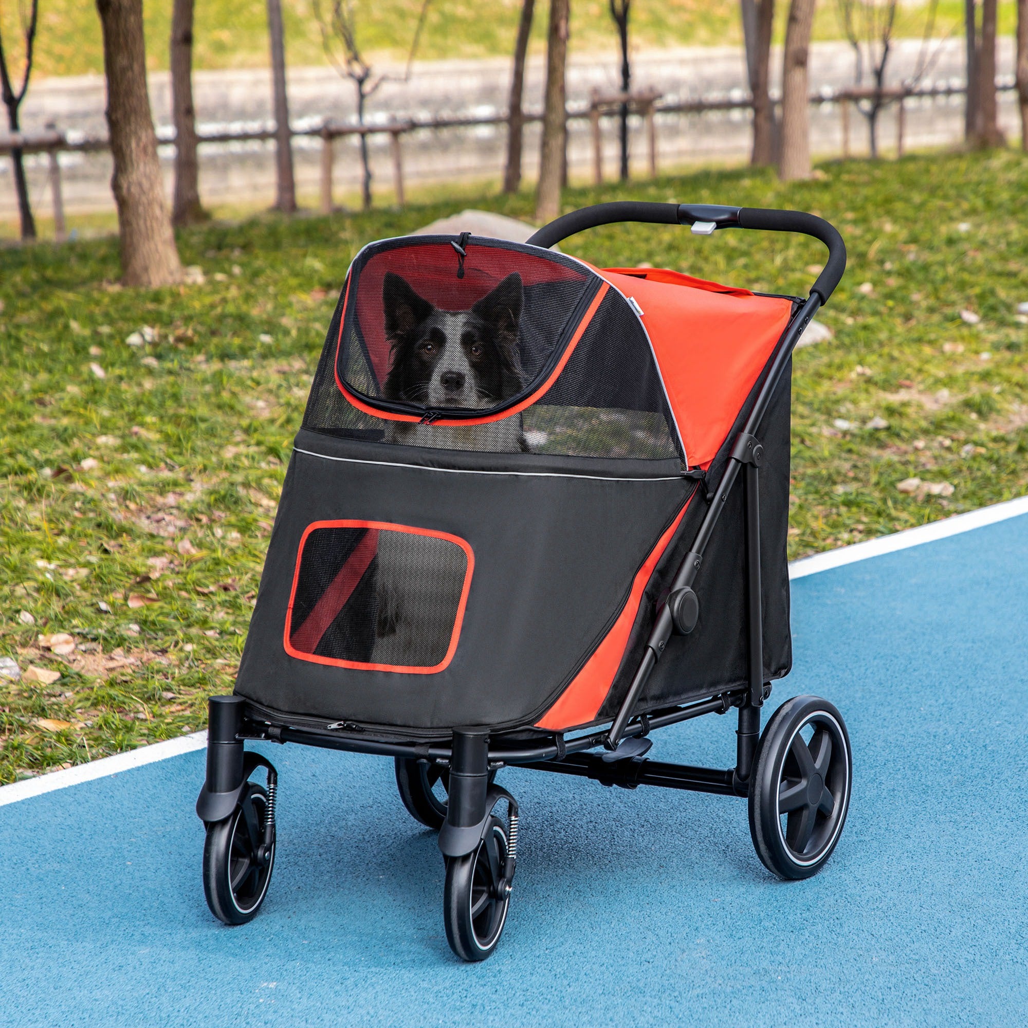 PawHut Dog Pram Dog Stroller Pet Pushchair with Adjustable Canopy for Medium and Large Dogs, Red