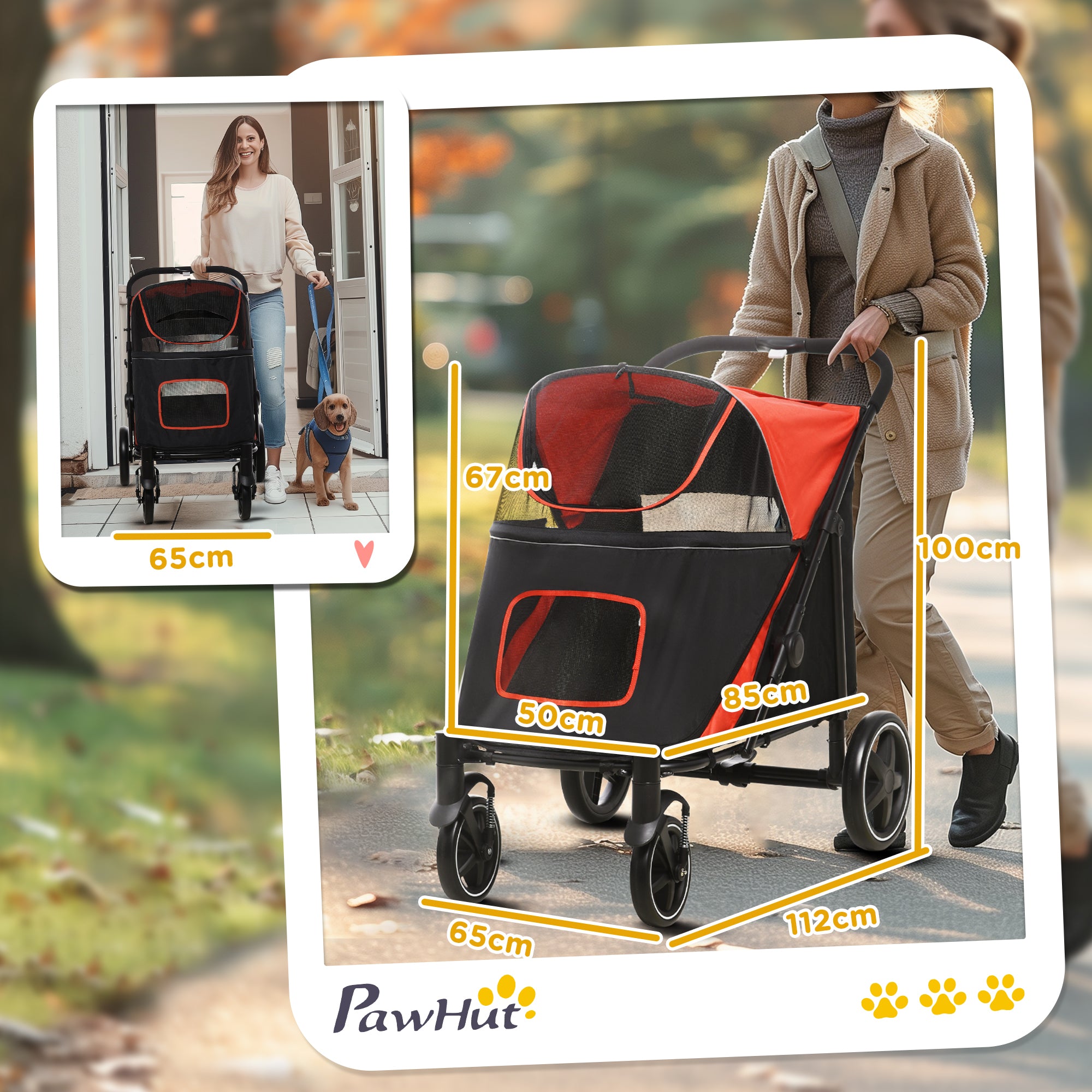 PawHut Dog Pram Dog Stroller Pet Pushchair with Adjustable Canopy for Medium and Large Dogs, Red
