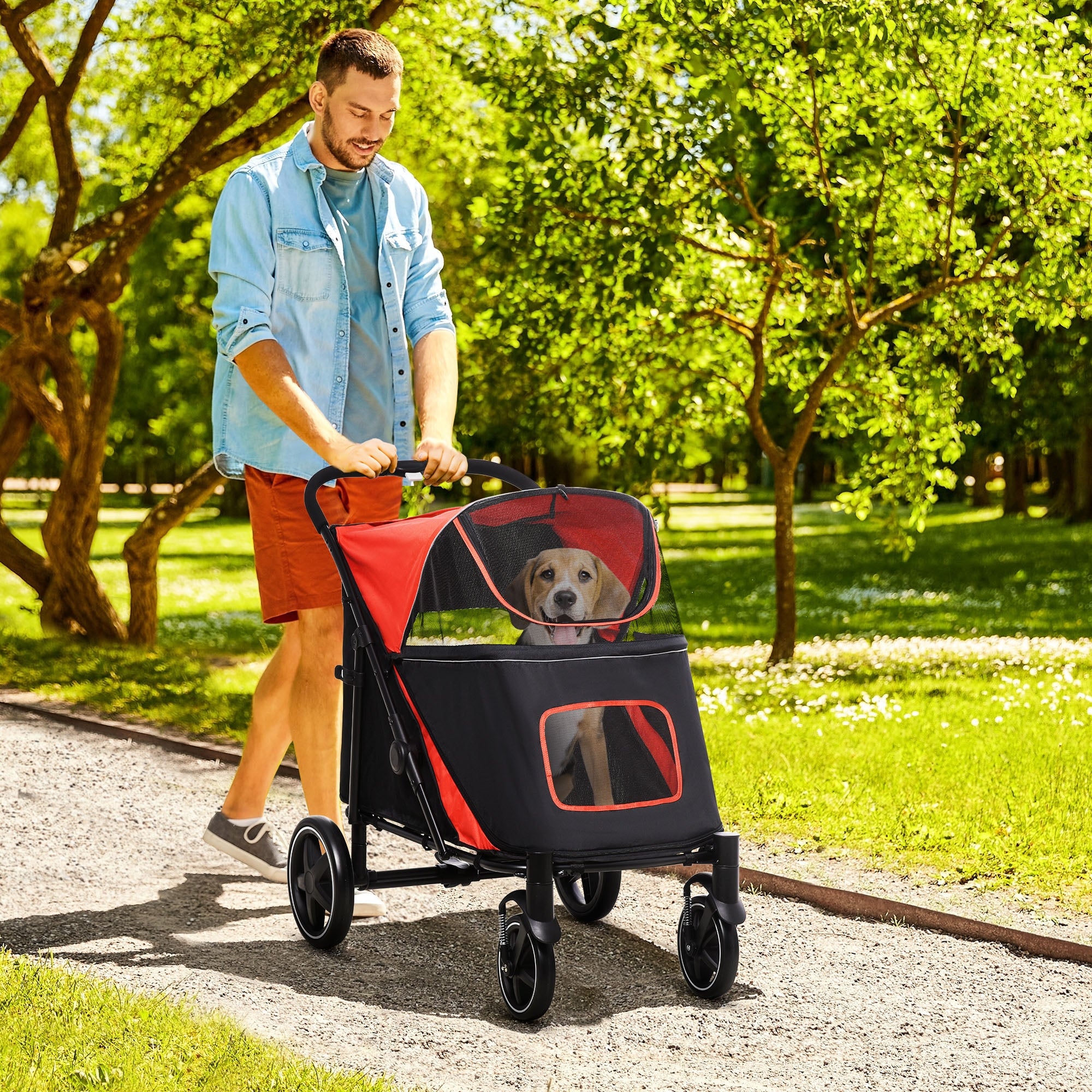 PawHut Dog Pram Dog Stroller Pet Pushchair with Adjustable Canopy for Medium and Large Dogs, Red