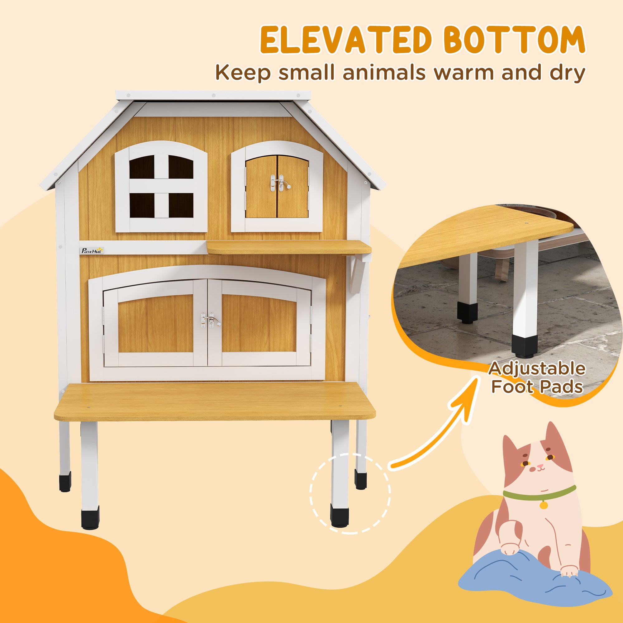 PawHut Outdoor Cat House, Wooden Cat Shelter 2 Tiers Feral Cat House with Openable Asphalt Roof, Escape Doors, Removable Panel, Terrace, Jump Platform, for 1-2 Cats - Yellow