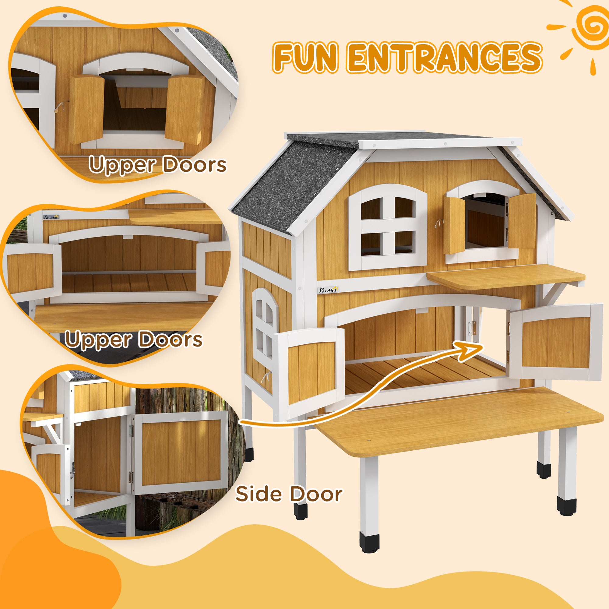 PawHut Outdoor Cat House, Wooden Cat Shelter 2 Tiers Feral Cat House with Openable Asphalt Roof, Escape Doors, Removable Panel, Terrace, Jump Platform, for 1-2 Cats - Yellow