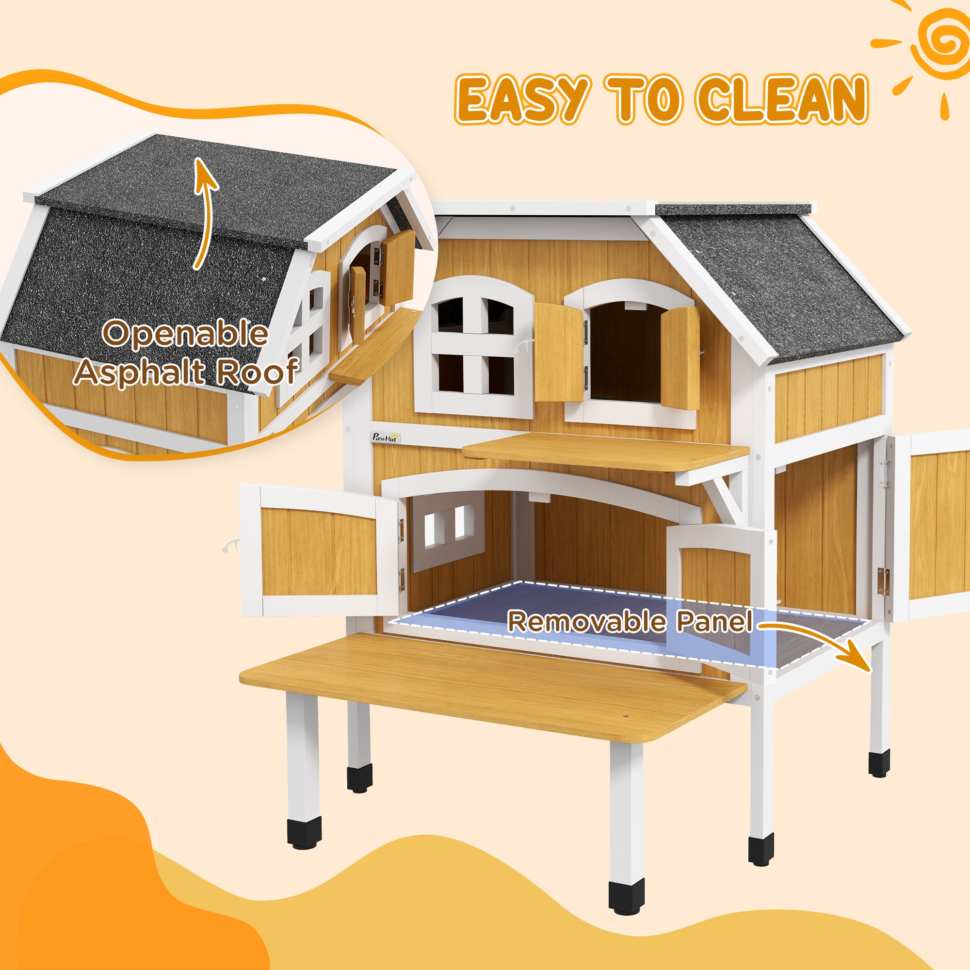 PawHut Outdoor Cat House, Wooden Cat Shelter 2 Tiers Feral Cat House with Openable Asphalt Roof, Escape Doors, Removable Panel, Terrace, Jump Platform, for 1-2 Cats - Yellow