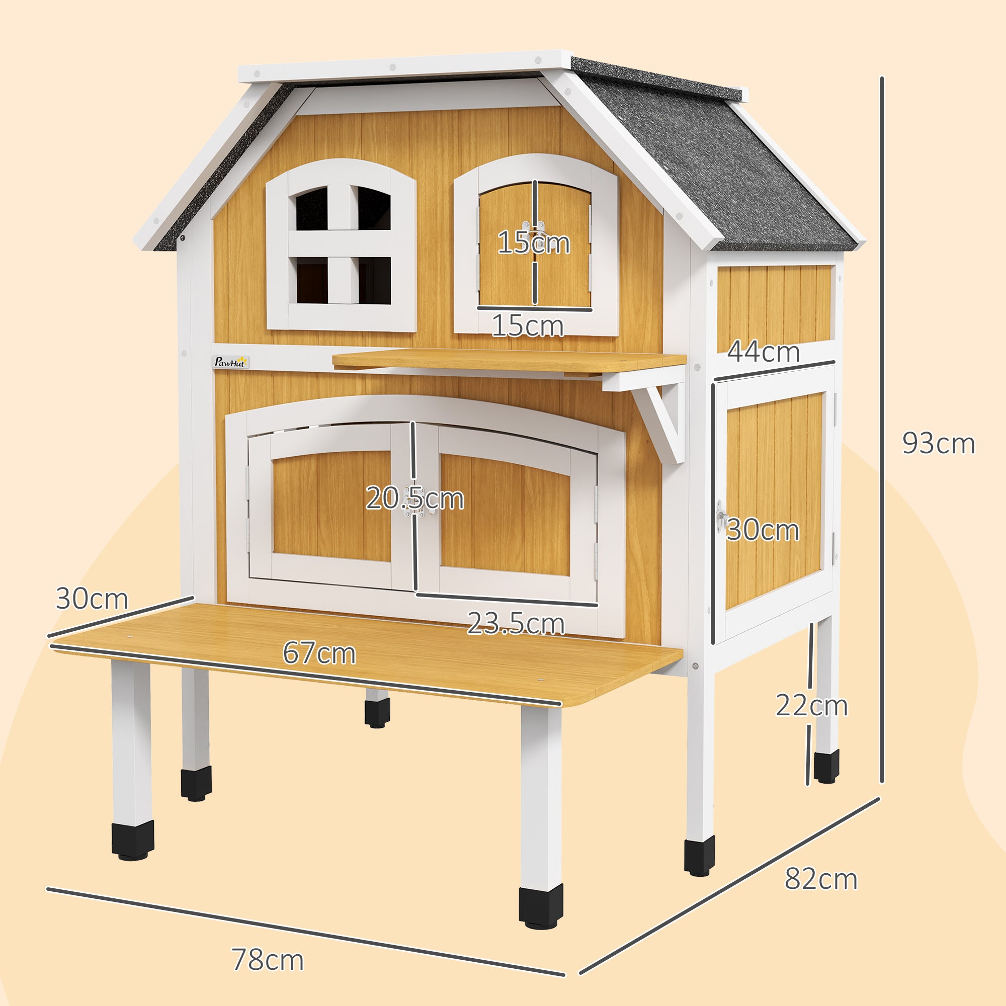 PawHut Outdoor Cat House, Wooden Cat Shelter 2 Tiers Feral Cat House with Openable Asphalt Roof, Escape Doors, Removable Panel, Terrace, Jump Platform, for 1-2 Cats - Yellow