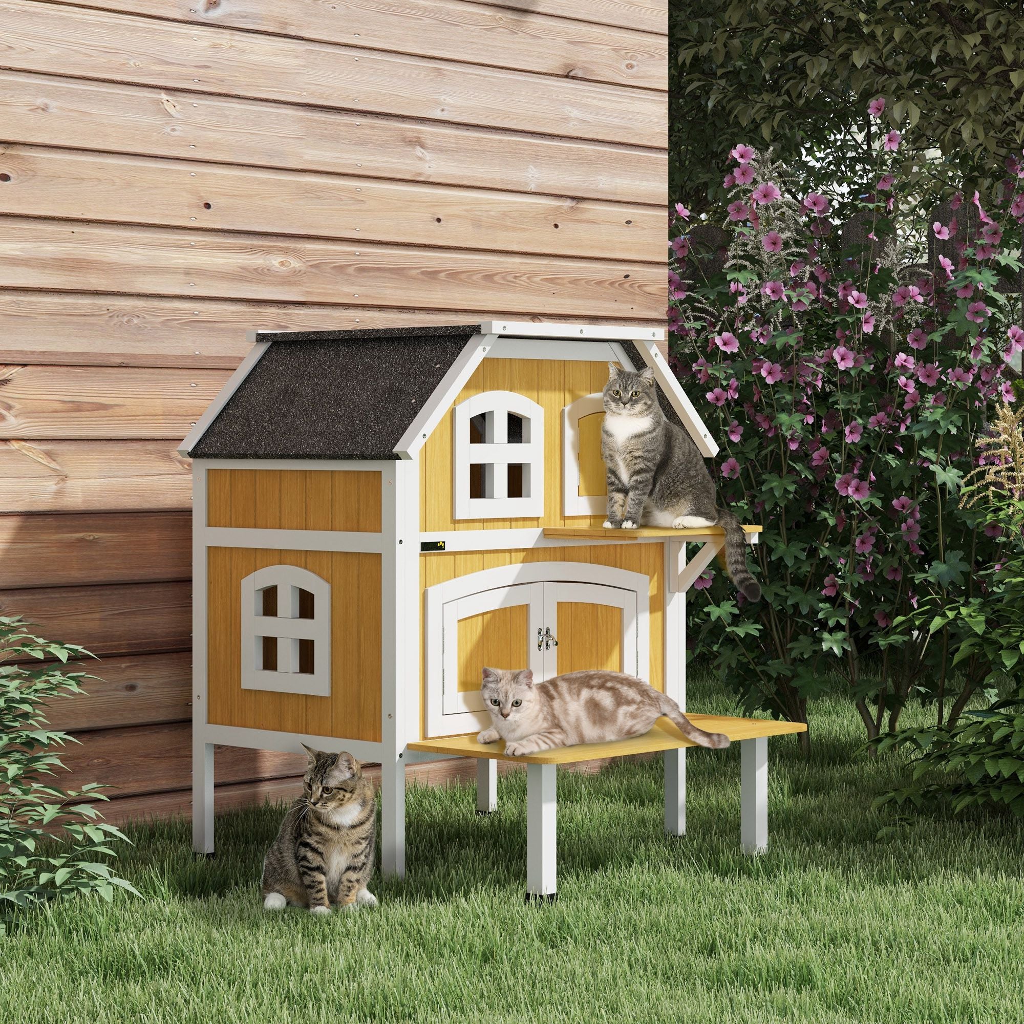 PawHut Outdoor Cat House, Wooden Cat Shelter 2 Tiers Feral Cat House with Openable Asphalt Roof, Escape Doors, Removable Panel, Terrace, Jump Platform, for 1-2 Cats - Yellow