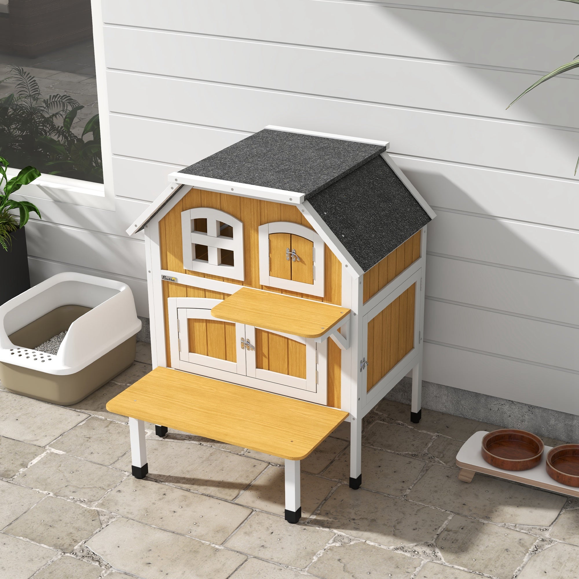 PawHut Outdoor Cat House, Wooden Cat Shelter 2 Tiers Feral Cat House with Openable Asphalt Roof, Escape Doors, Removable Panel, Terrace, Jump Platform, for 1-2 Cats - Yellow