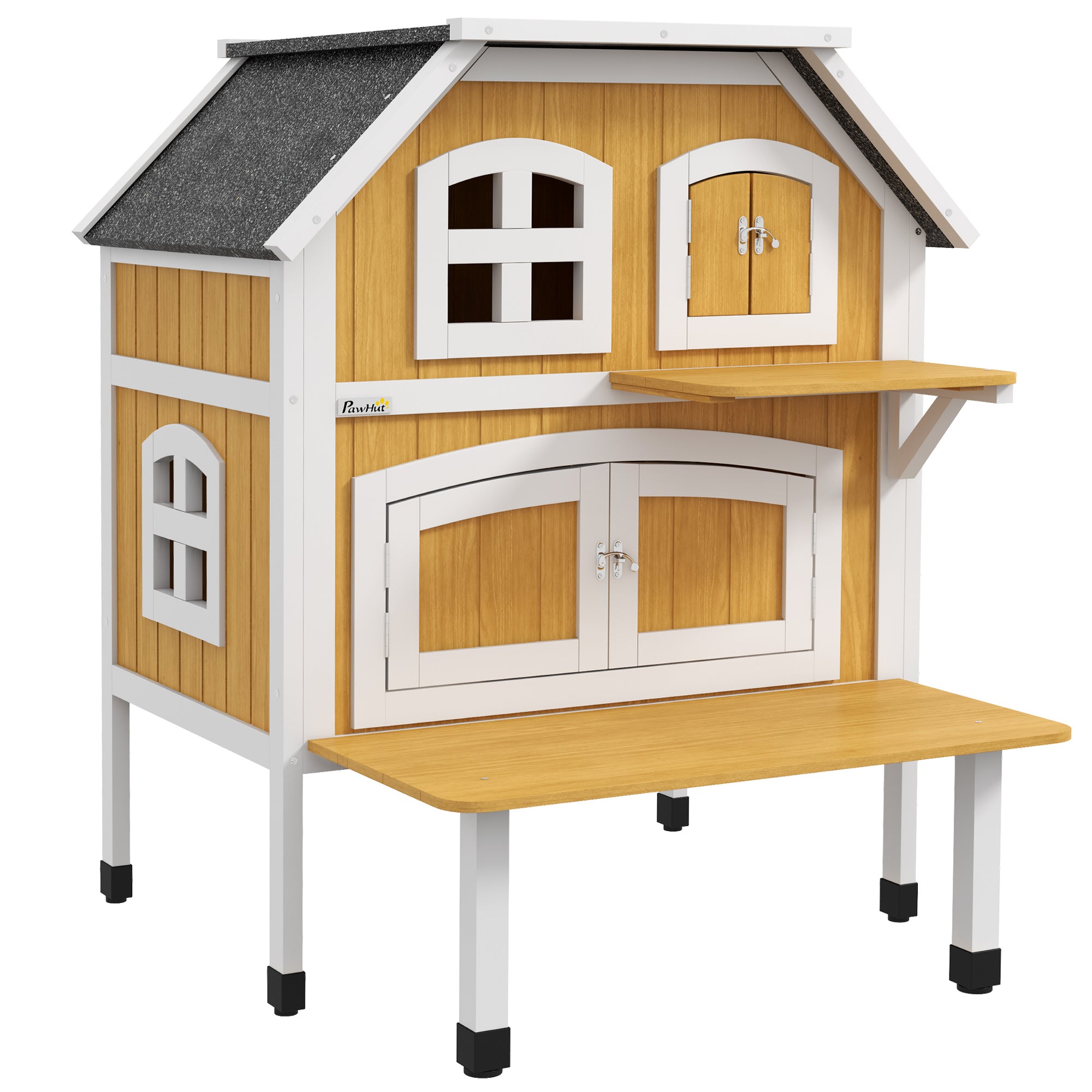 PawHut Outdoor Cat House, Wooden Cat Shelter 2 Tiers Feral Cat House with Openable Asphalt Roof, Escape Doors, Removable Panel, Terrace, Jump Platform, for 1-2 Cats - Yellow