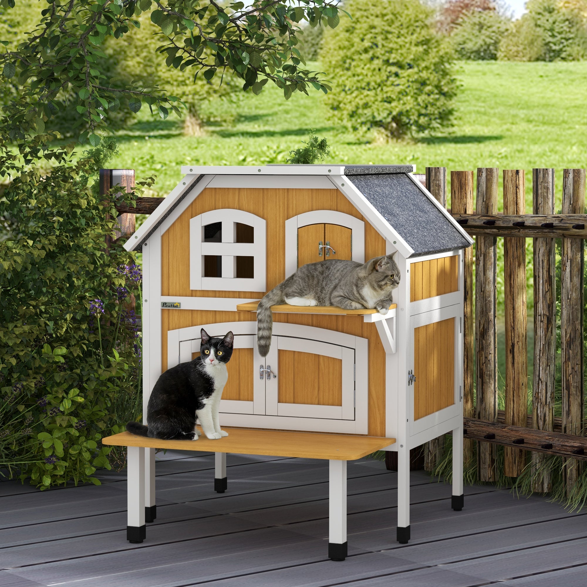 PawHut Outdoor Cat House, Wooden Cat Shelter 2 Tiers Feral Cat House with Openable Asphalt Roof, Escape Doors, Removable Panel, Terrace, Jump Platform, for 1-2 Cats - Yellow