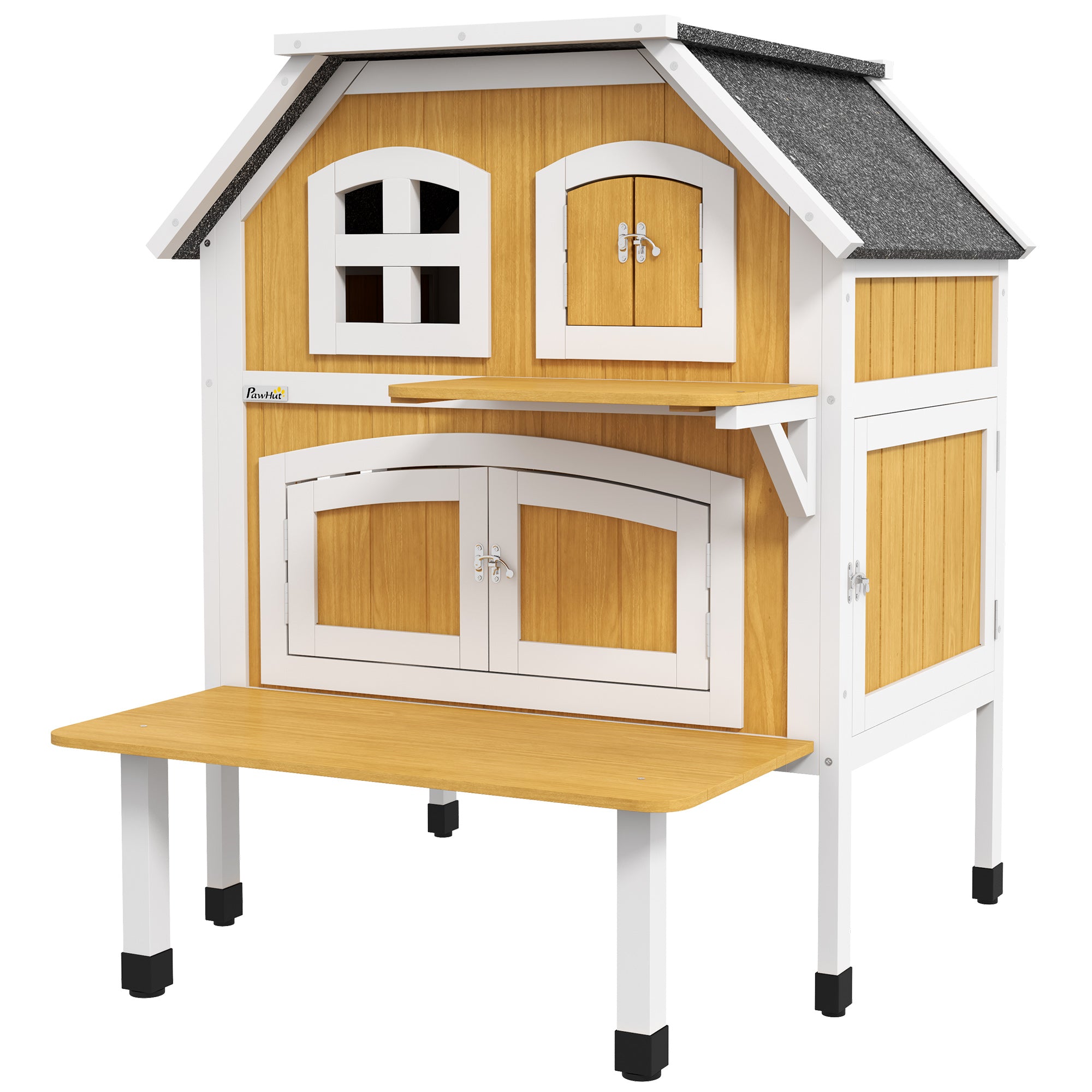 PawHut Outdoor Cat House, Wooden Cat Shelter 2 Tiers Feral Cat House with Openable Asphalt Roof, Escape Doors, Removable Panel, Terrace, Jump Platform, for 1-2 Cats - Yellow