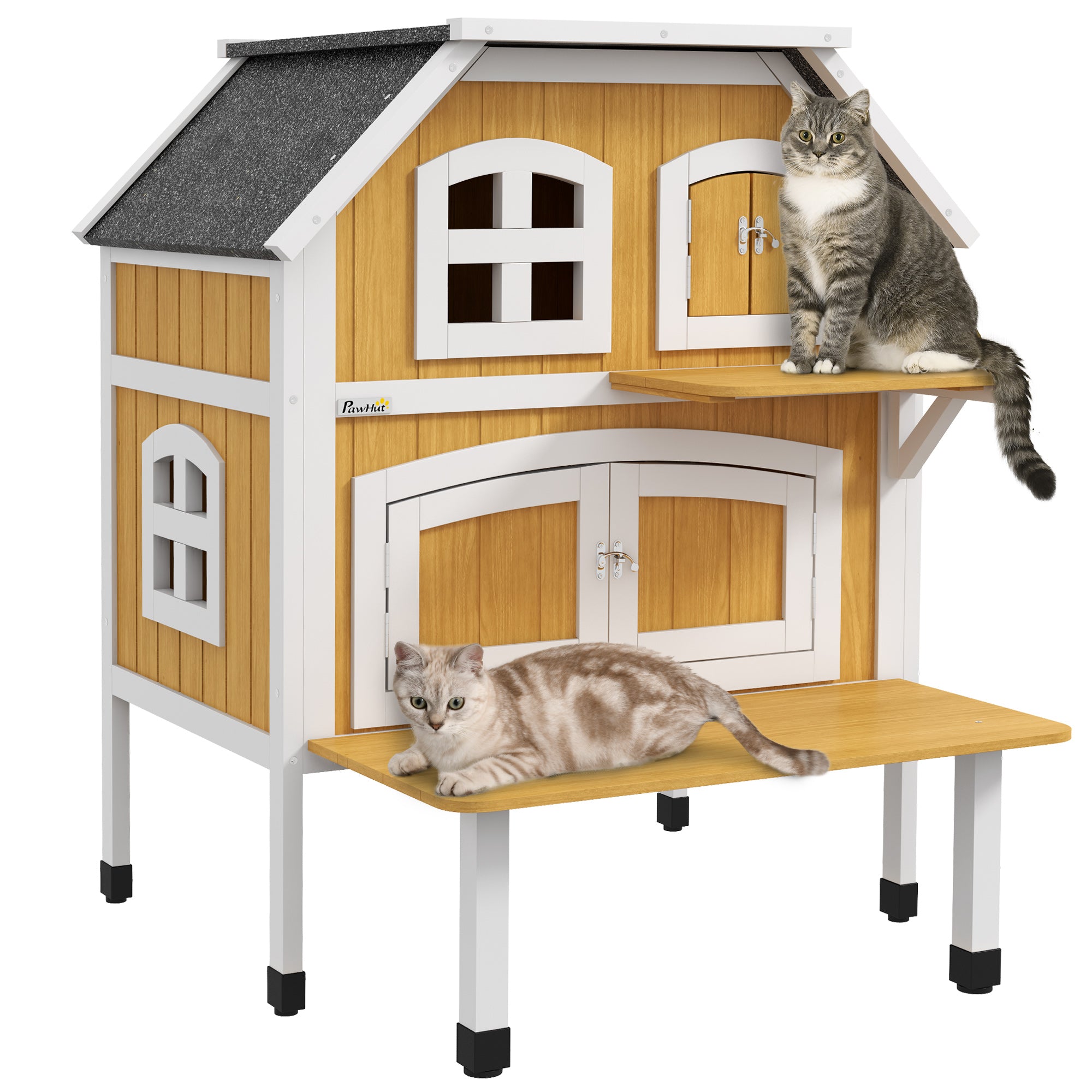 PawHut Outdoor Cat House, Wooden Cat Shelter 2 Tiers Feral Cat House with Openable Asphalt Roof, Escape Doors, Removable Panel, Terrace, Jump Platform, for 1-2 Cats - Yellow