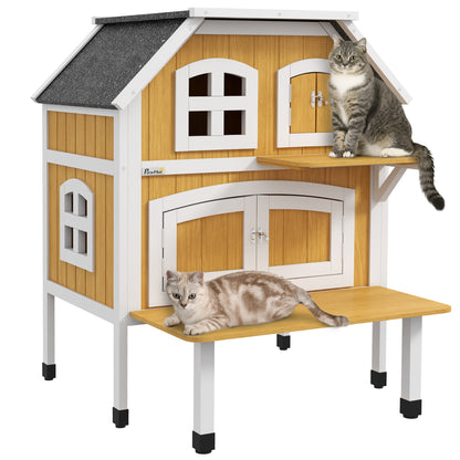PawHut Outdoor Cat House, Wooden Cat Shelter 2 Tiers Feral Cat House with Openable Asphalt Roof, Escape Doors, Removable Panel, Terrace, Jump Platform, for 1-2 Cats - Yellow