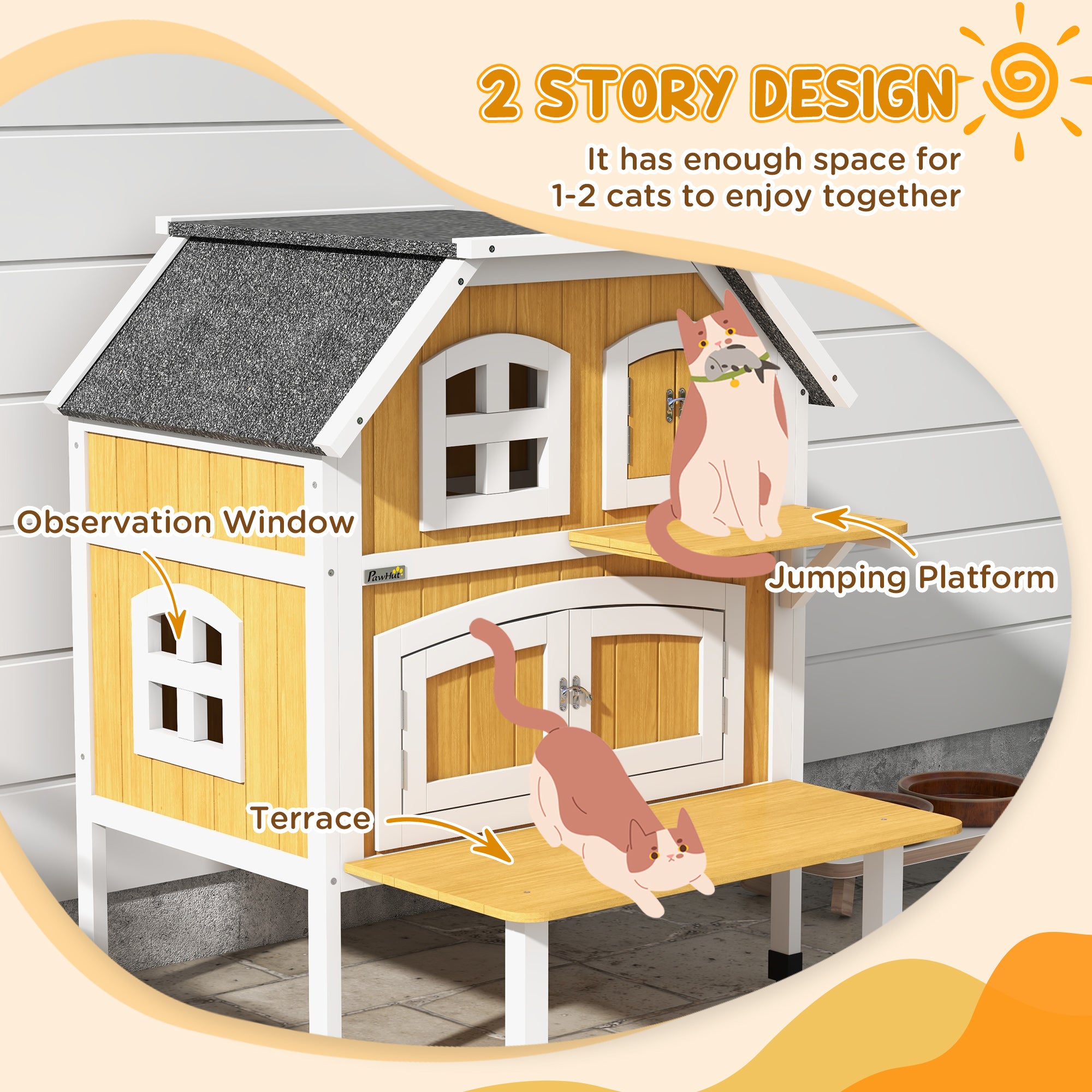 PawHut Outdoor Cat House, Wooden Cat Shelter 2 Tiers Feral Cat House with Openable Asphalt Roof, Escape Doors, Removable Panel, Terrace, Jump Platform, for 1-2 Cats - Yellow