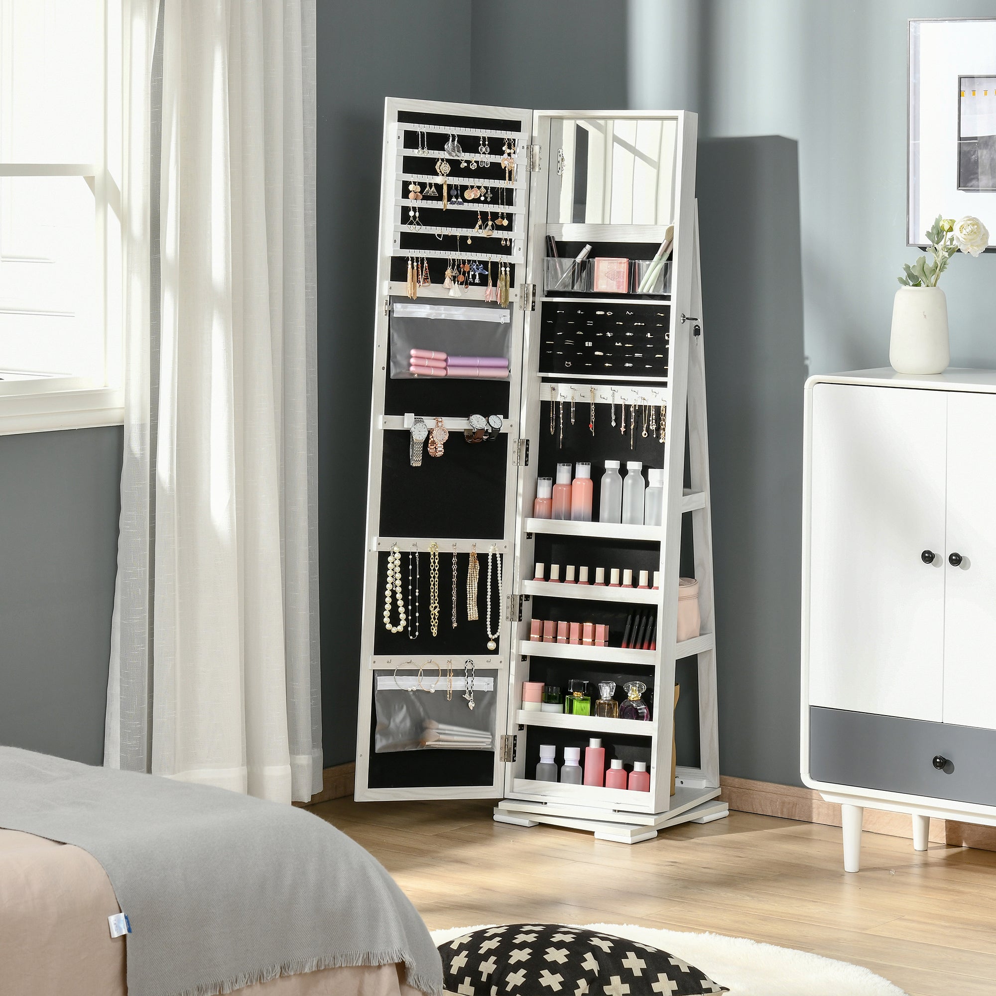 HOMCOM 360掳 Swivel Jewelry Cabinet, Mirror Armoire, Full Length Mirror, Lockable Jewelry Organizer with Built-In Small Mirror, White