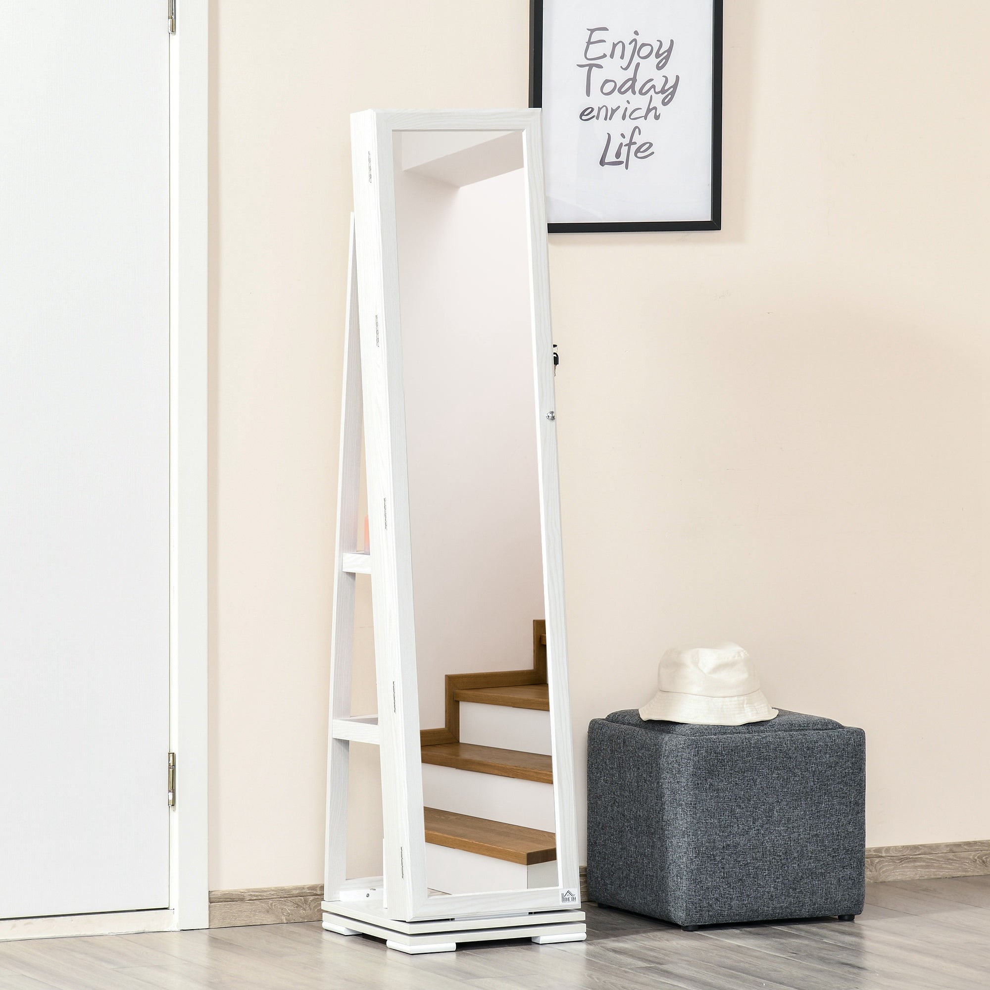HOMCOM 360掳 Swivel Jewelry Cabinet, Mirror Armoire, Full Length Mirror, Lockable Jewelry Organizer with Built-In Small Mirror, White