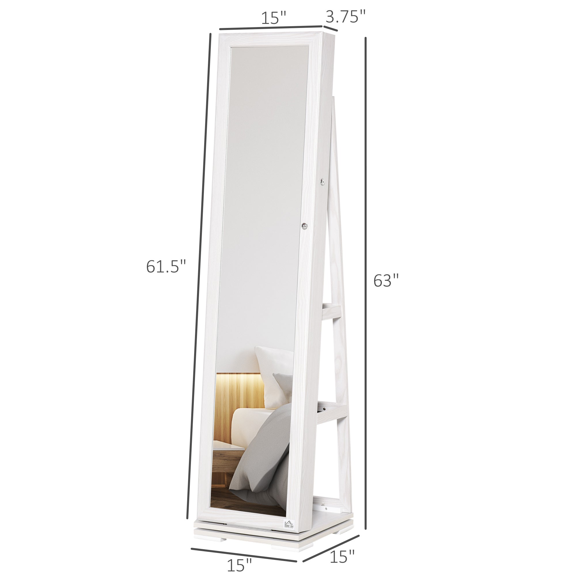 HOMCOM 360掳 Swivel Jewelry Cabinet, Mirror Armoire, Full Length Mirror, Lockable Jewelry Organizer with Built-In Small Mirror, White