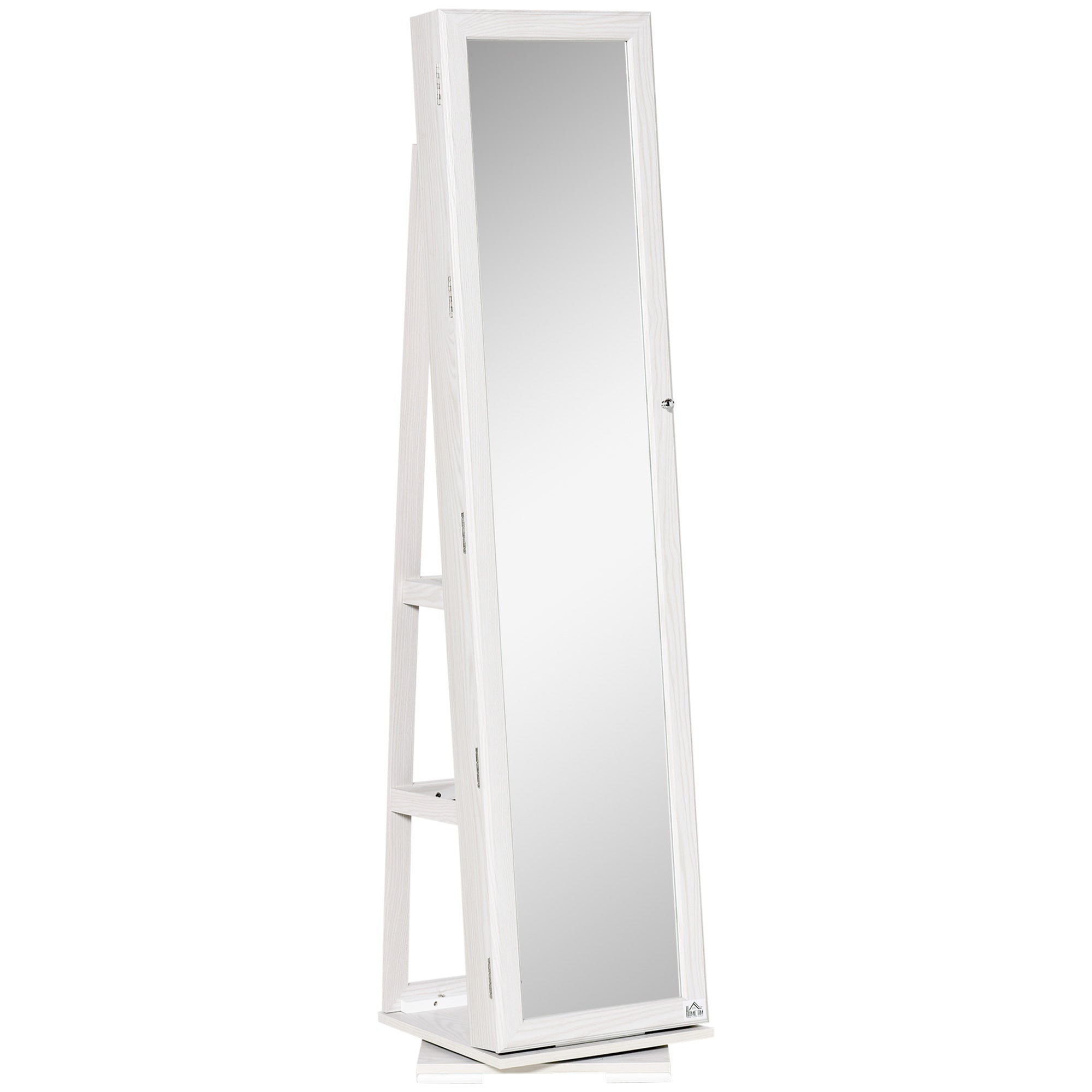 HOMCOM 360掳 Swivel Jewelry Cabinet, Mirror Armoire, Full Length Mirror, Lockable Jewelry Organizer with Built-In Small Mirror, White