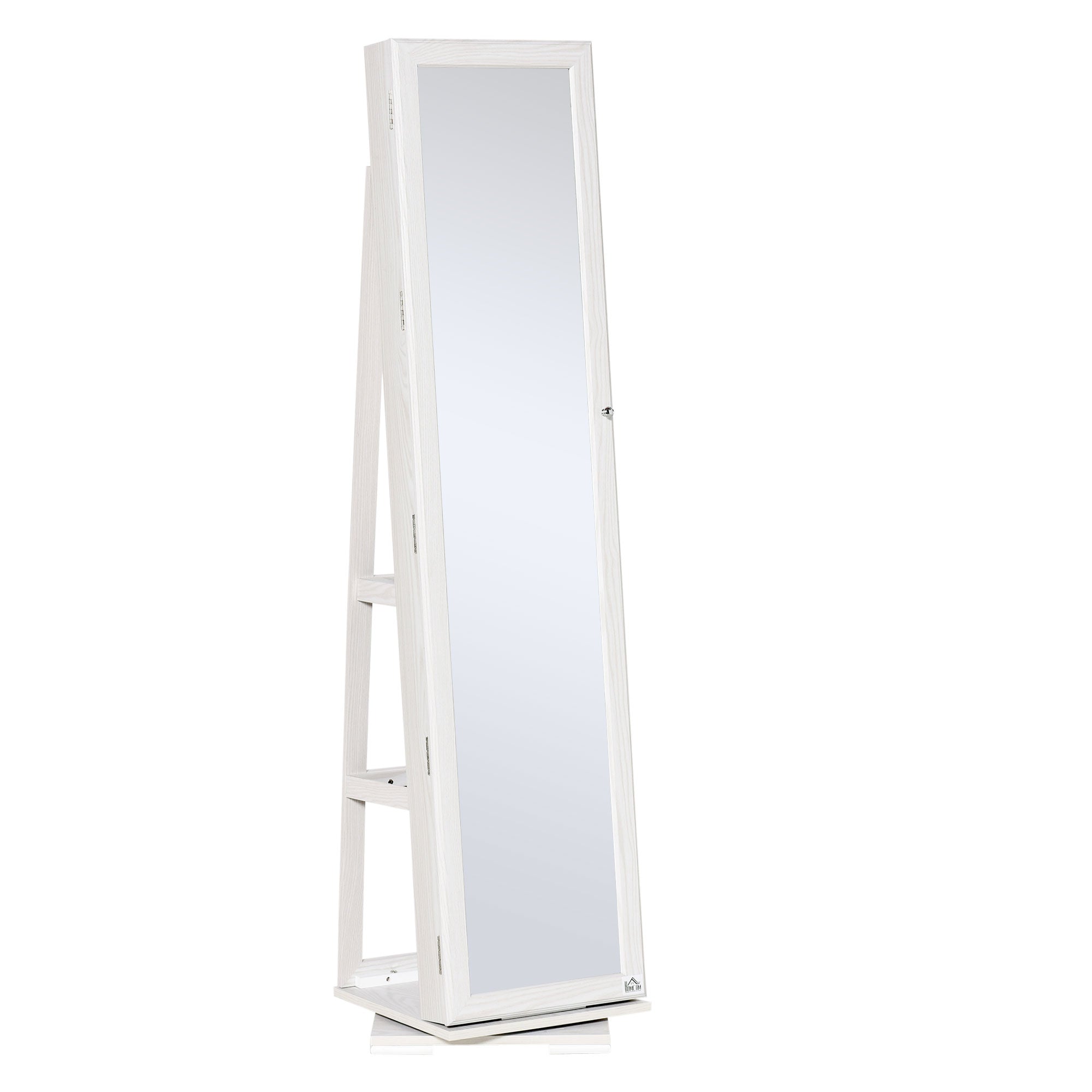 HOMCOM 360掳 Swivel Jewelry Cabinet, Mirror Armoire, Full Length Mirror, Lockable Jewelry Organizer with Built-In Small Mirror, White