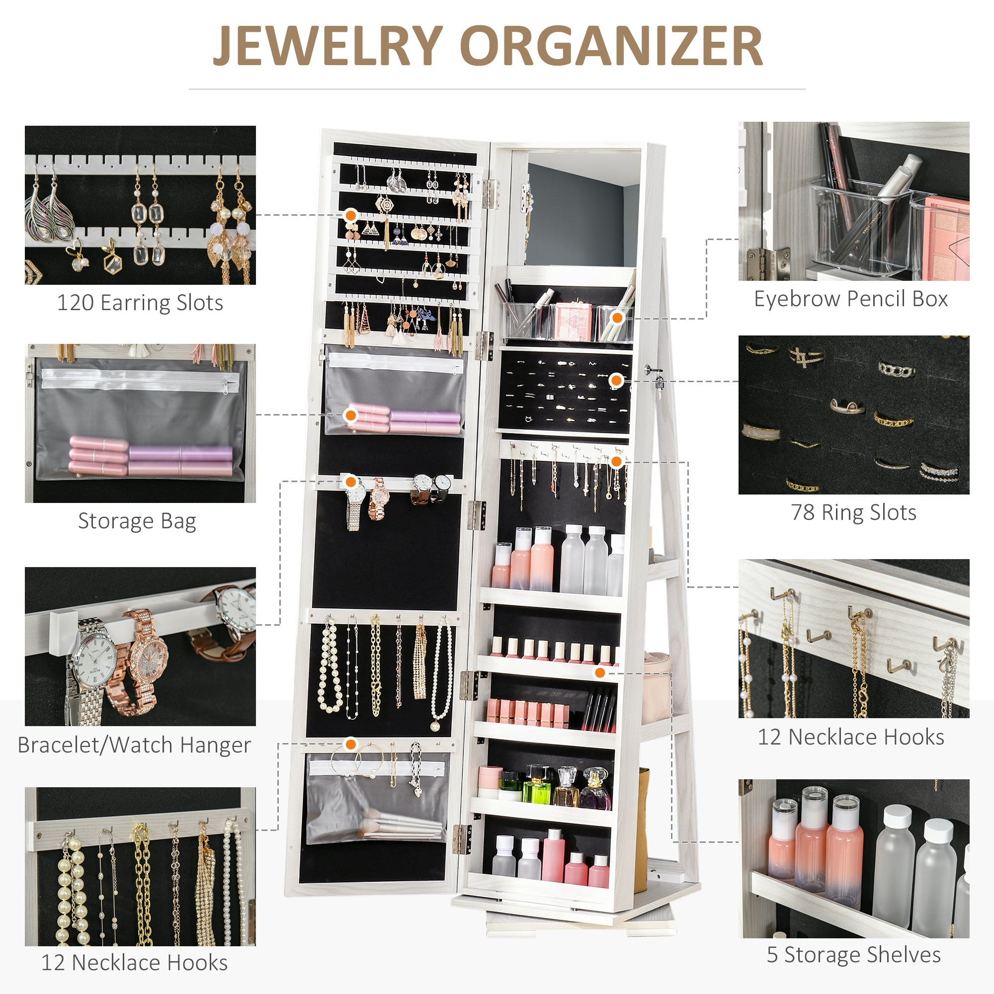HOMCOM 360掳 Swivel Jewelry Cabinet, Mirror Armoire, Full Length Mirror, Lockable Jewelry Organizer with Built-In Small Mirror, White