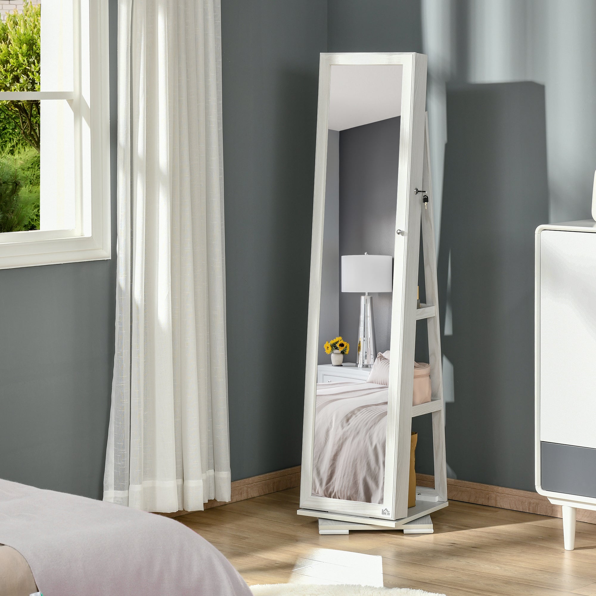 HOMCOM 360掳 Swivel Jewelry Cabinet, Mirror Armoire, Full Length Mirror, Lockable Jewelry Organizer with Built-In Small Mirror, White