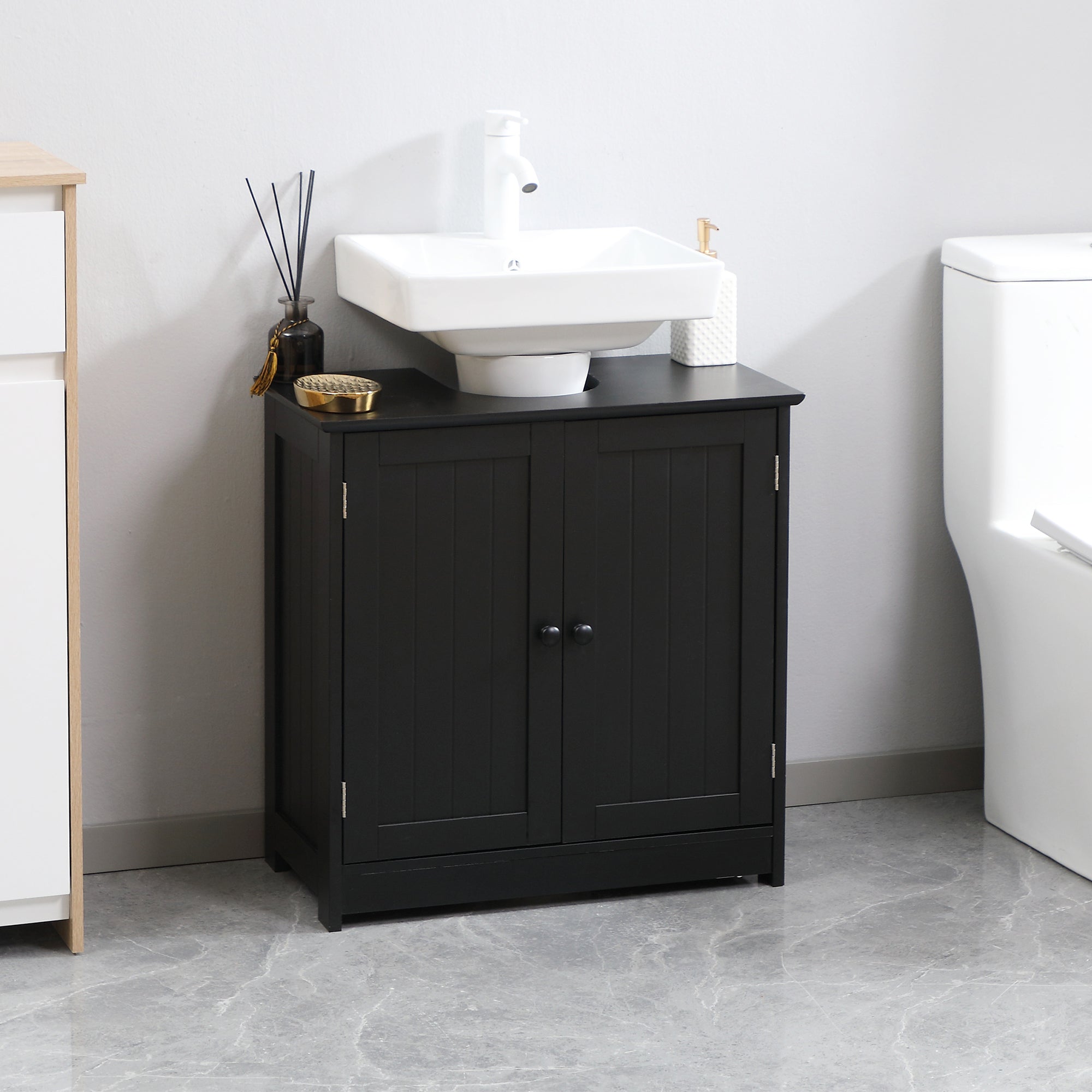 HOMCOM Under Sink Bathroom Cabinet with 2 Doors and Shelf, Pedestal Sink Bathroom Vanity Furniture, Black