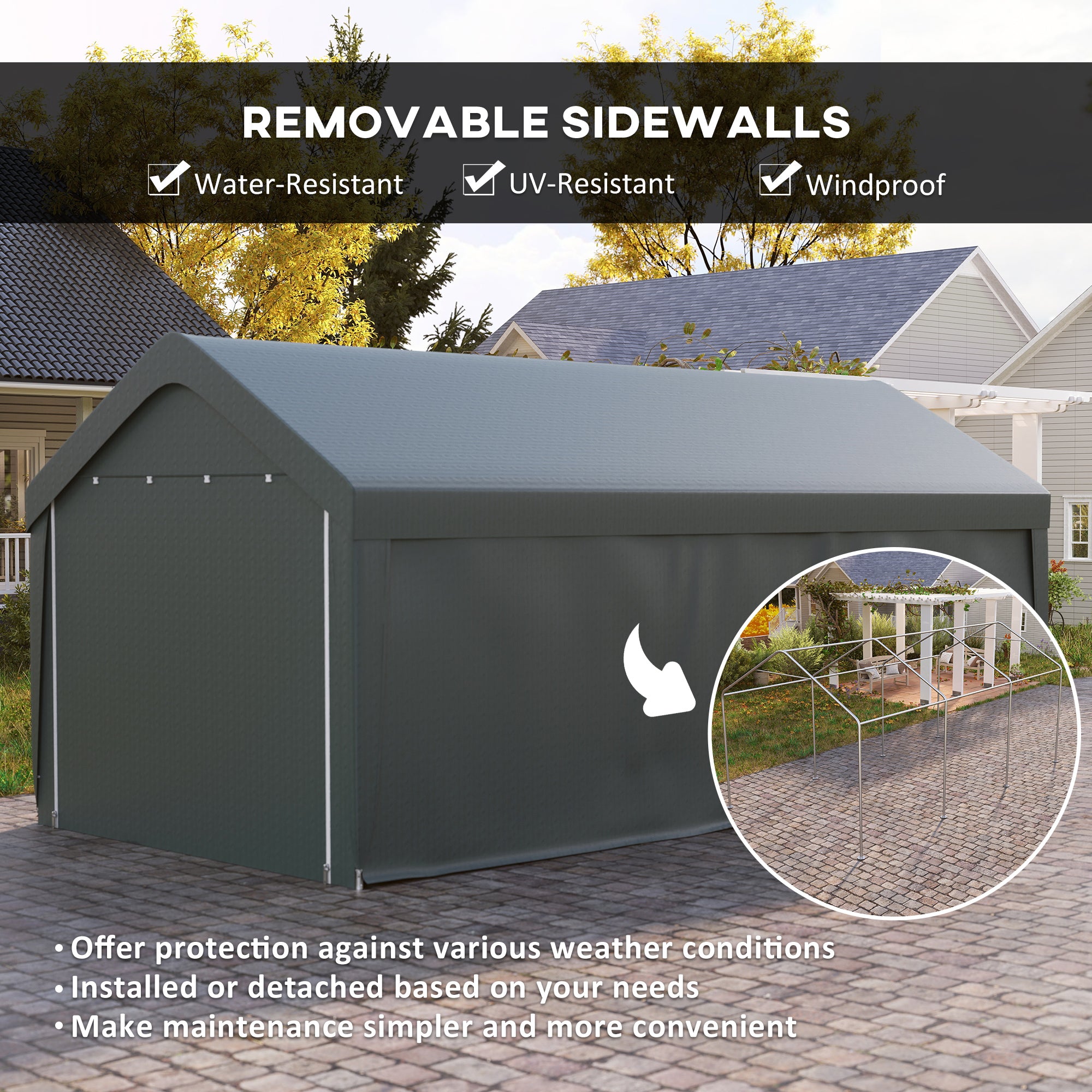 Outsunny Carport, 10 x 20 ft Portable Garage with 2 Roll-Up Doors, Metal Carport Tent Shelter with Removable Sidewalls for Car, Truck, Garden Tools, Dark Grey
