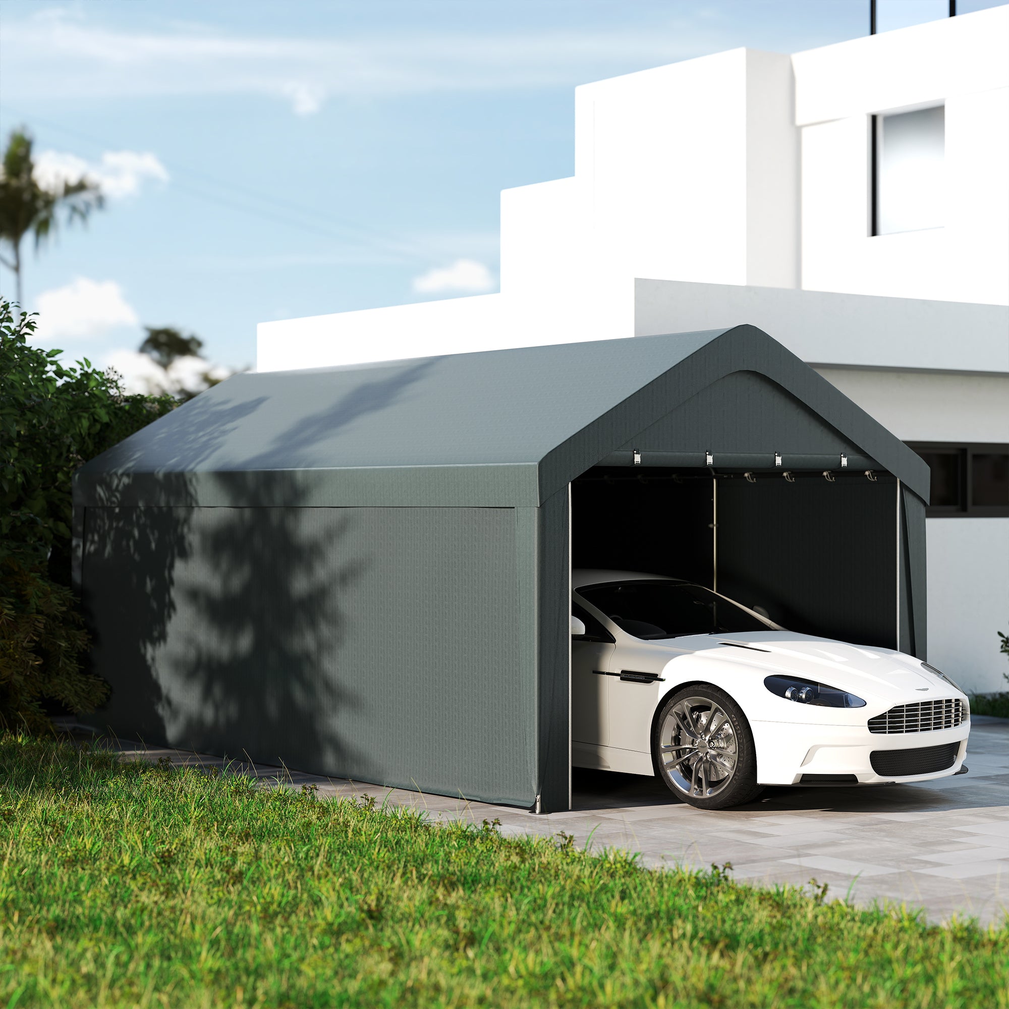 Outsunny Carport, 10 x 20 ft Portable Garage with 2 Roll-Up Doors, Metal Carport Tent Shelter with Removable Sidewalls for Car, Truck, Garden Tools, Dark Grey