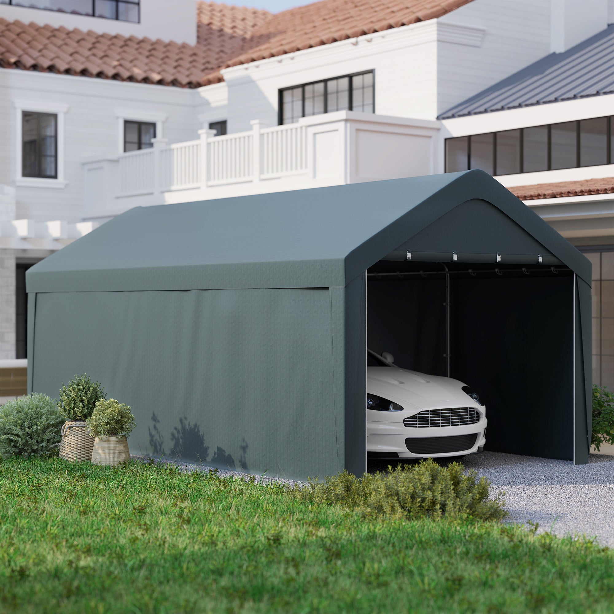 Outsunny Carport, 10 x 20 ft Portable Garage with 2 Roll-Up Doors, Metal Carport Tent Shelter with Removable Sidewalls for Car, Truck, Garden Tools, Dark Grey