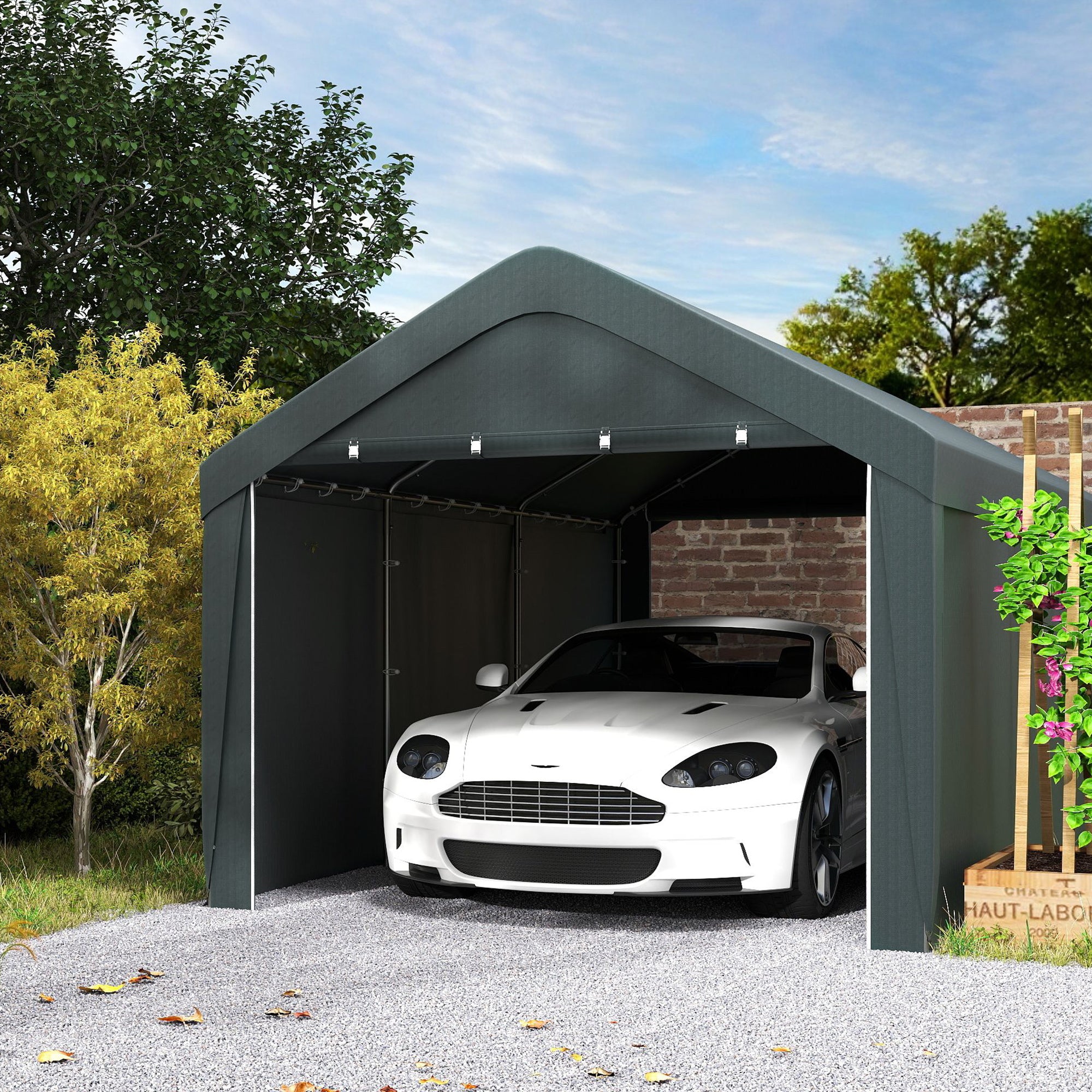 Outsunny Carport, 10 x 20 ft Portable Garage with 2 Roll-Up Doors, Metal Carport Tent Shelter with Removable Sidewalls for Car, Truck, Garden Tools, Dark Grey