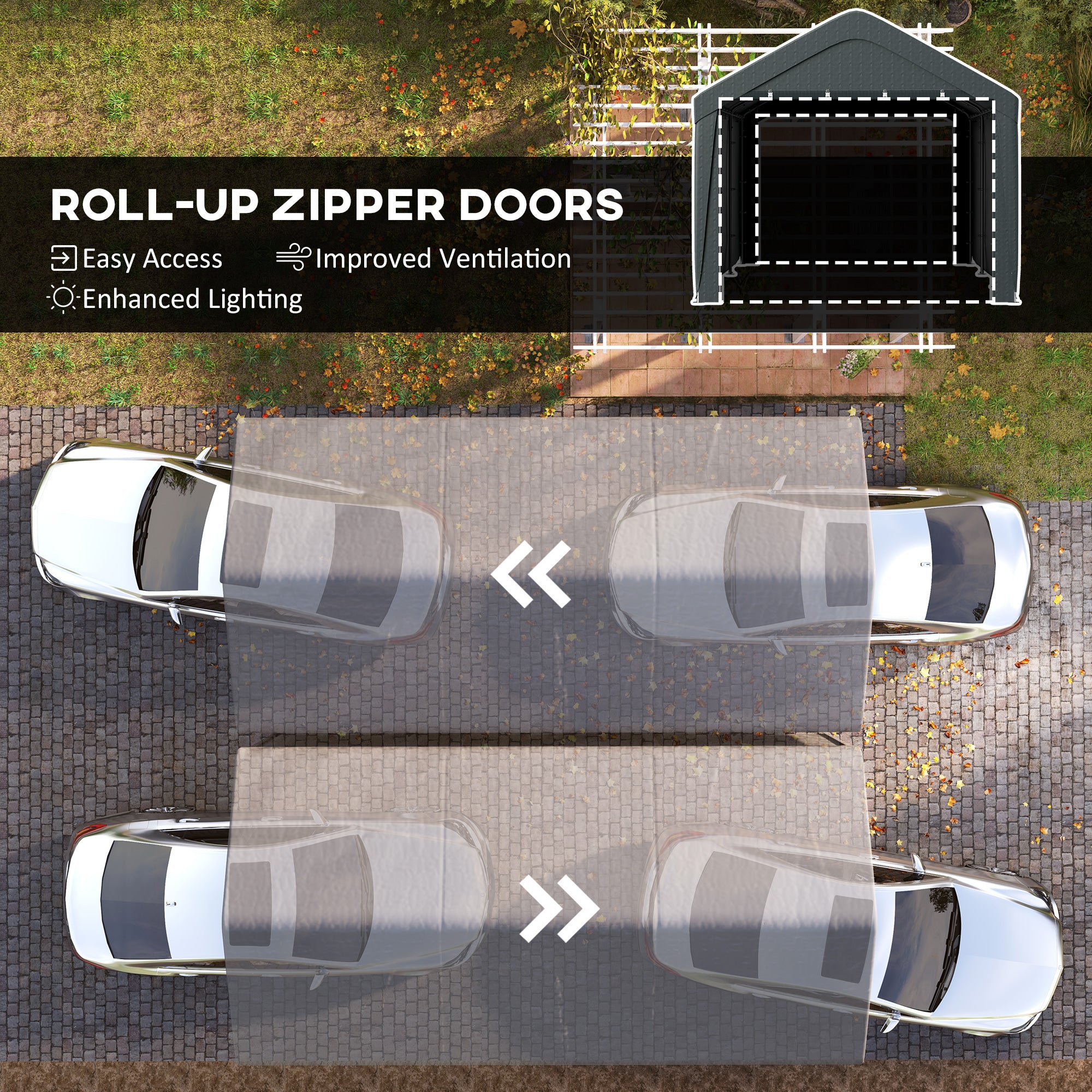 Outsunny Carport, 10 x 20 ft Portable Garage with 2 Roll-Up Doors, Metal Carport Tent Shelter with Removable Sidewalls for Car, Truck, Garden Tools, Dark Grey