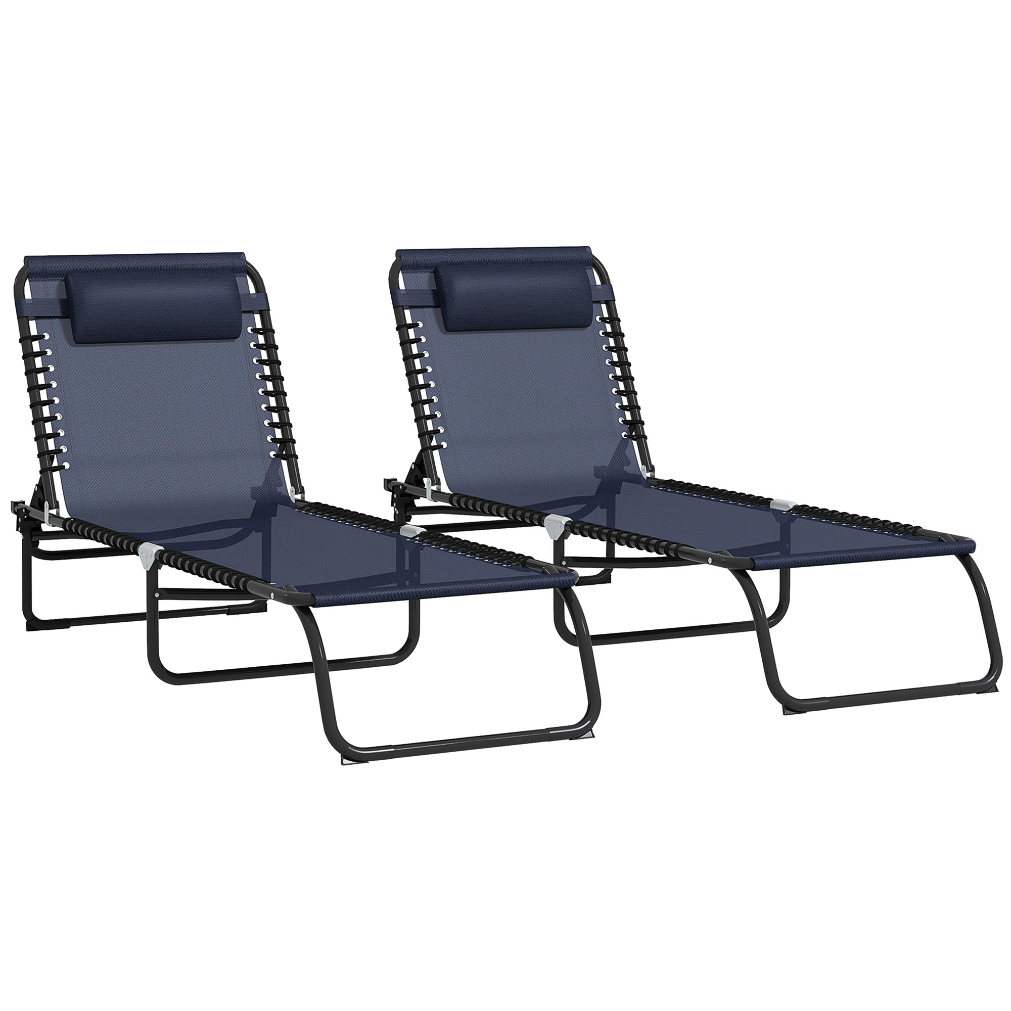 Outsunny 2 Pieces Folding Lounge Chairs, 4-Level Adjustable Chaise Lounges with Headrest, Tanning Chair Beach Beds, Reclining Lounger Cot for Camping, Hiking, Backyard, Dark Blue