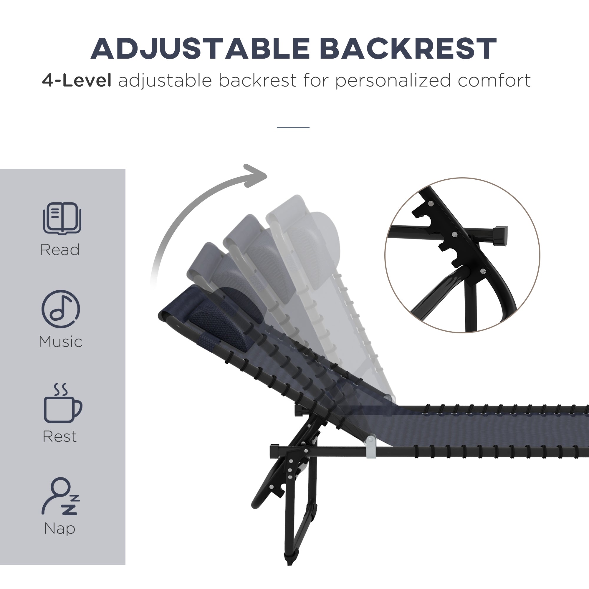 Outsunny 2 Pieces Folding Lounge Chairs, 4-Level Adjustable Chaise Lounges with Headrest, Tanning Chair Beach Beds, Reclining Lounger Cot for Camping, Hiking, Backyard, Dark Blue