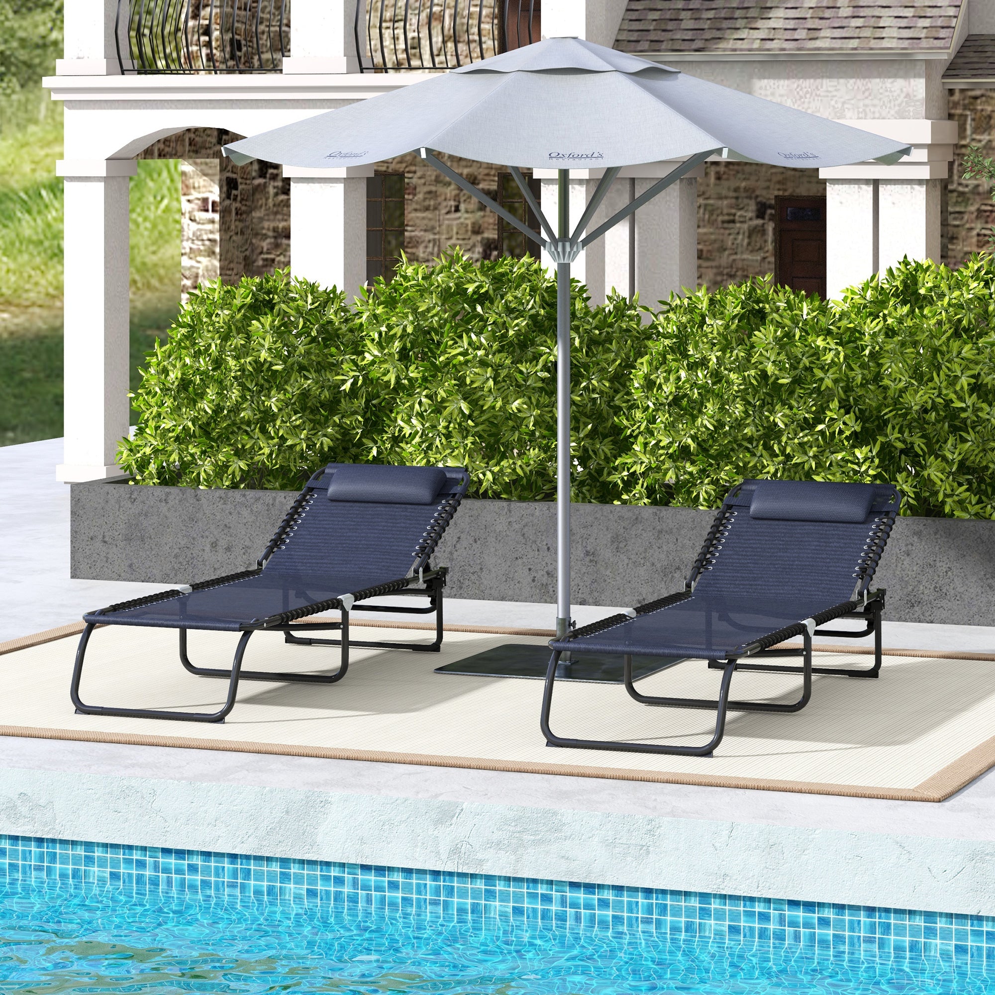 Outsunny 2 Pieces Folding Lounge Chairs, 4-Level Adjustable Chaise Lounges with Headrest, Tanning Chair Beach Beds, Reclining Lounger Cot for Camping, Hiking, Backyard, Dark Blue