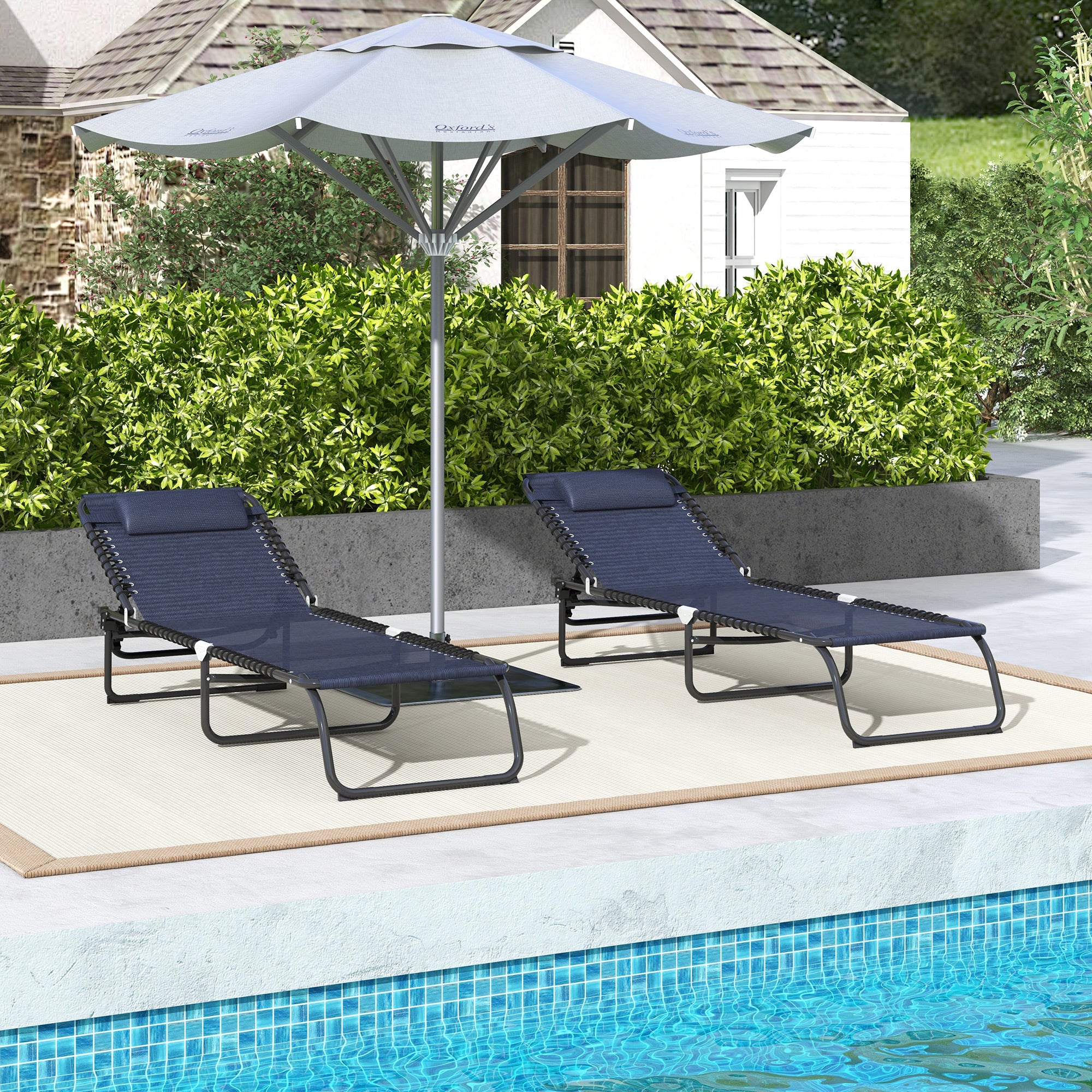 Outsunny 2 Pieces Folding Lounge Chairs, 4-Level Adjustable Chaise Lounges with Headrest, Tanning Chair Beach Beds, Reclining Lounger Cot for Camping, Hiking, Backyard, Dark Blue