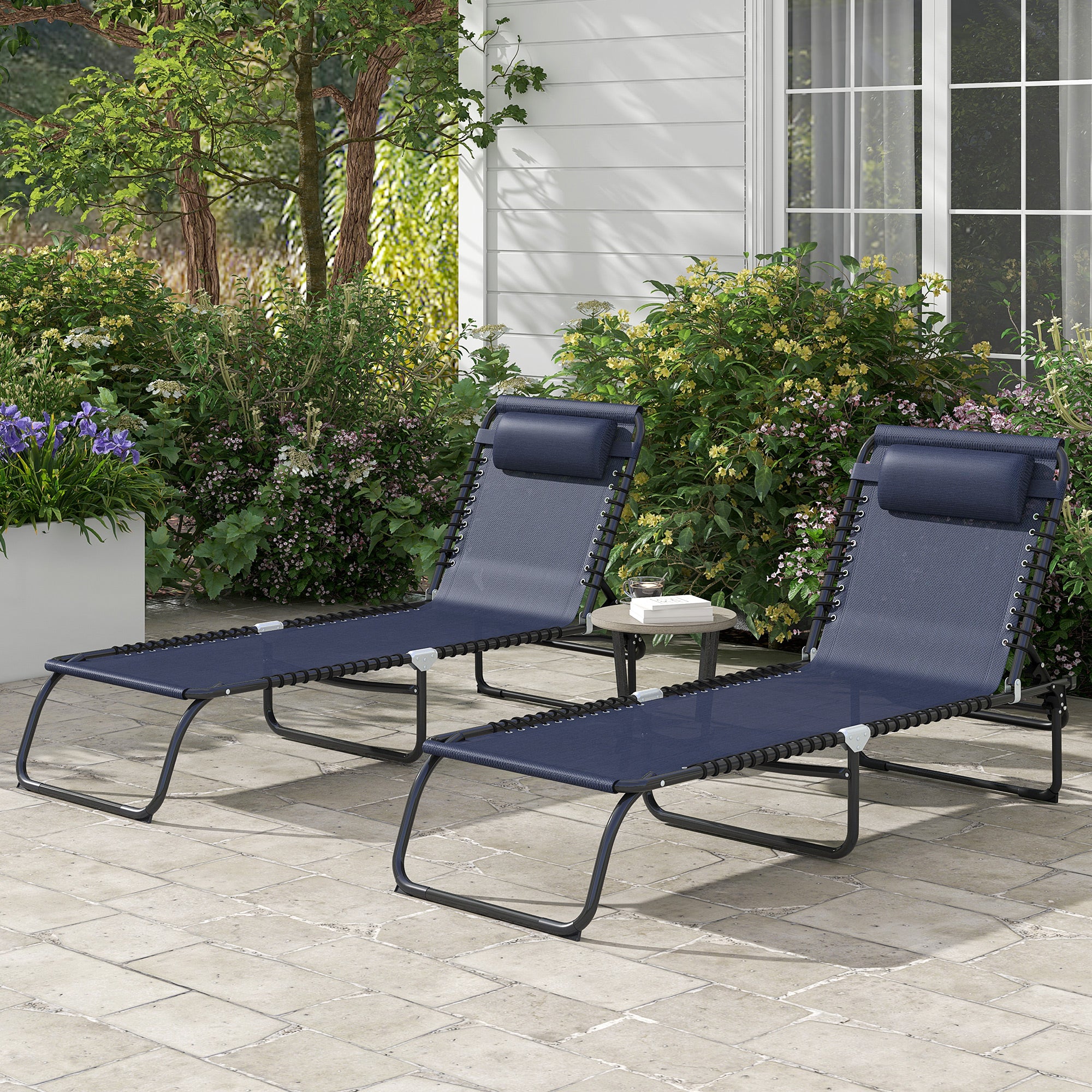 Outsunny 2 Pieces Folding Lounge Chairs, 4-Level Adjustable Chaise Lounges with Headrest, Tanning Chair Beach Beds, Reclining Lounger Cot for Camping, Hiking, Backyard, Dark Blue