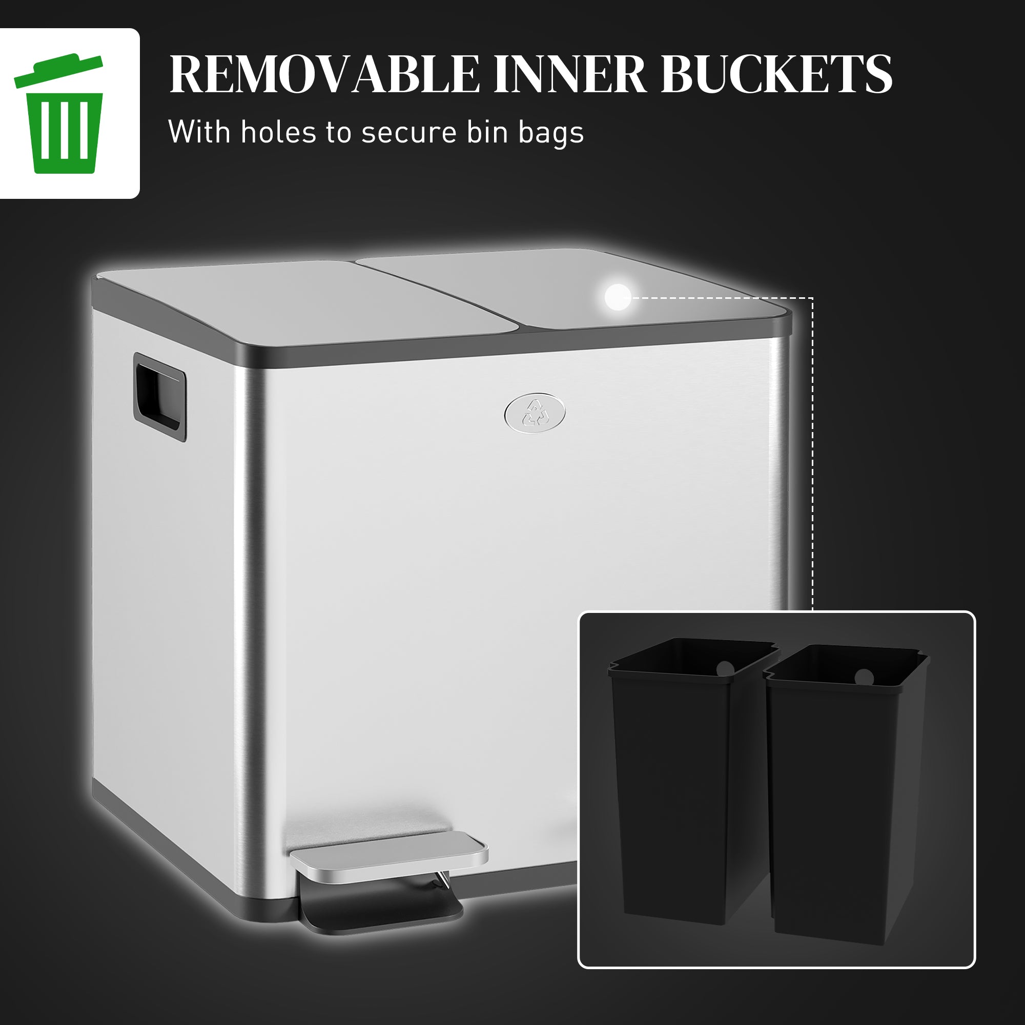 HOMCOM Dual Kitchen Garbage Bin, 2 x 4 Gallon (2 x 15 L) Trash Can with Foot Pedal, Soft-Close Garbage Can with Removable Inner Buckets, Fingerprint-Proof for Kitchen, Silver