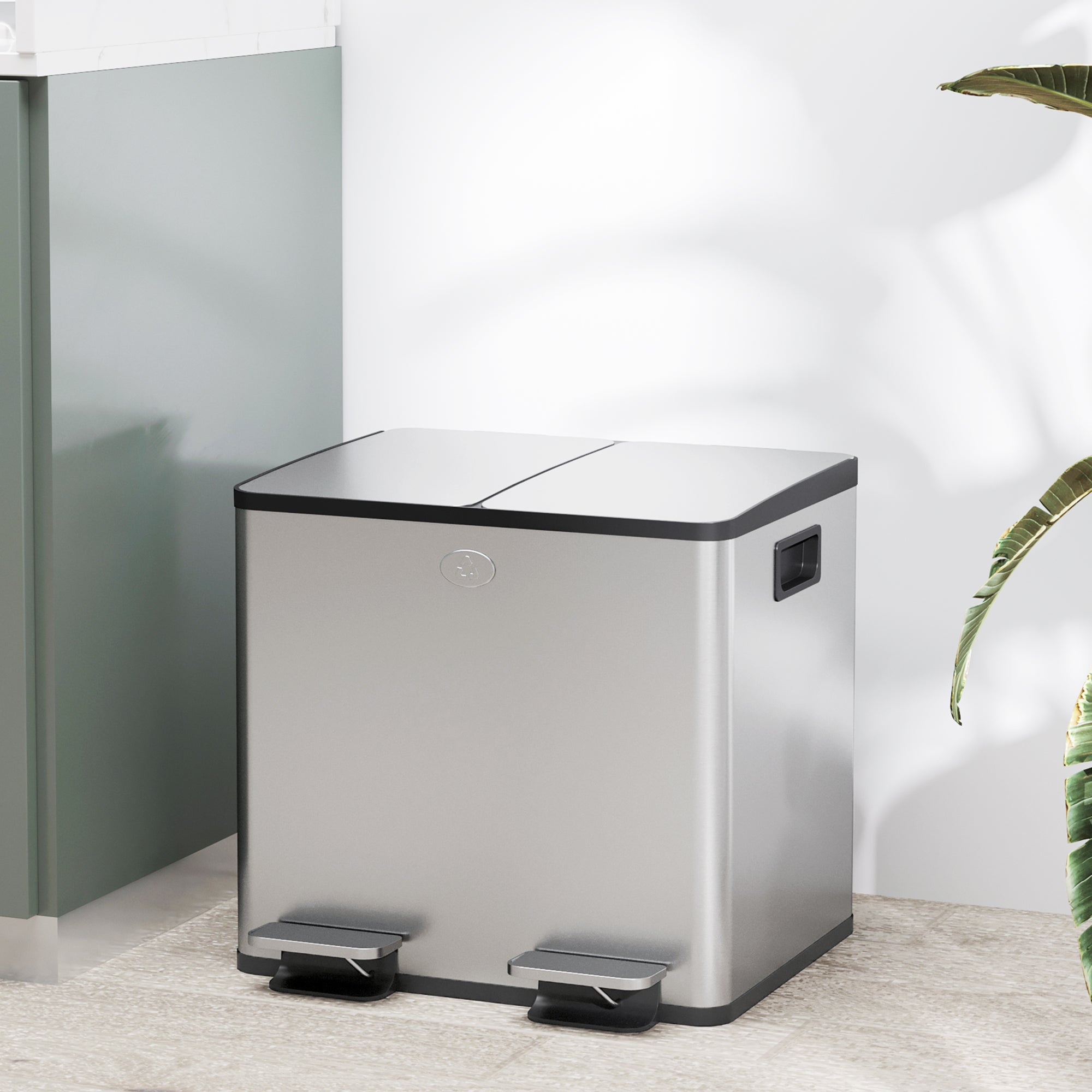 HOMCOM Dual Kitchen Garbage Bin, 2 x 4 Gallon (2 x 15 L) Trash Can with Foot Pedal, Soft-Close Garbage Can with Removable Inner Buckets, Fingerprint-Proof for Kitchen, Silver