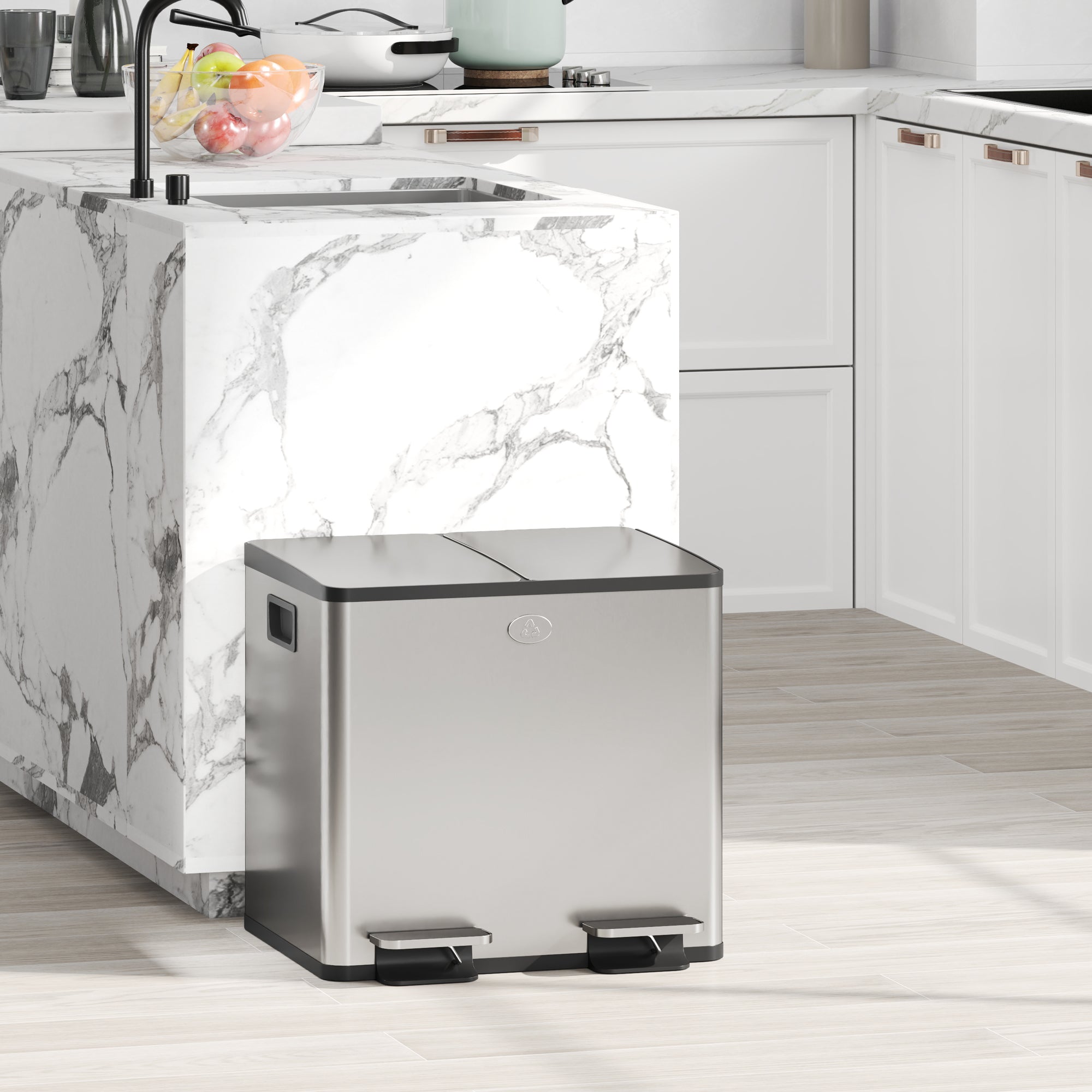 HOMCOM Dual Kitchen Garbage Bin, 2 x 4 Gallon (2 x 15 L) Trash Can with Foot Pedal, Soft-Close Garbage Can with Removable Inner Buckets, Fingerprint-Proof for Kitchen, Silver