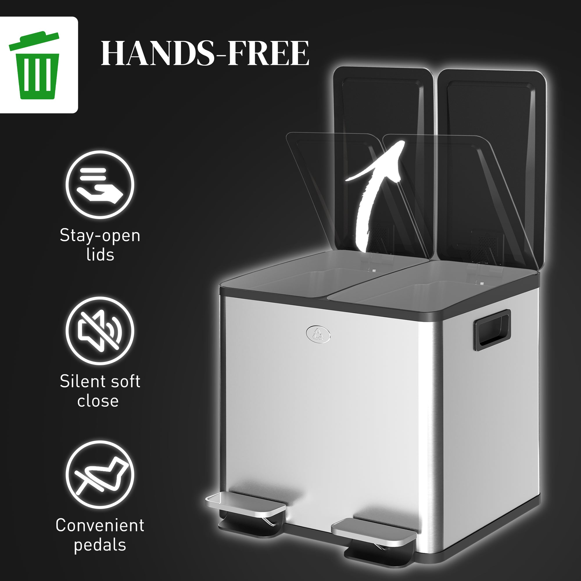 HOMCOM Dual Kitchen Garbage Bin, 2 x 4 Gallon (2 x 15 L) Trash Can with Foot Pedal, Soft-Close Garbage Can with Removable Inner Buckets, Fingerprint-Proof for Kitchen, Silver
