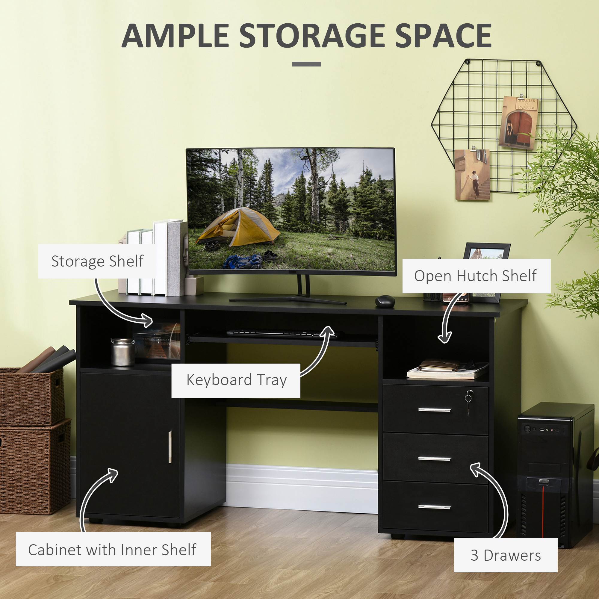 HOMCOM Computer Desk with Keyboard Tray and Drawers, Writing Desk, Home Office Workstation, Black