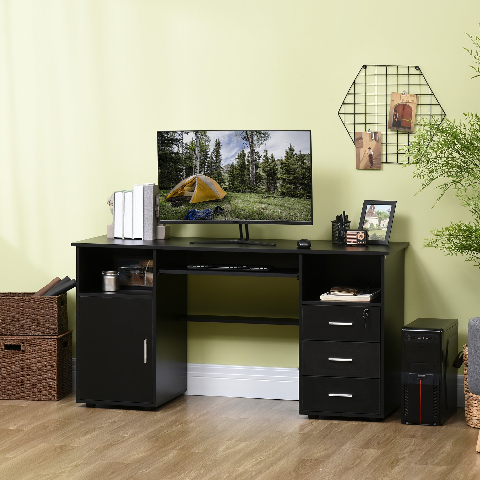 HOMCOM Computer Desk with Keyboard Tray and Drawers, Writing Desk, Home Office Workstation, Black