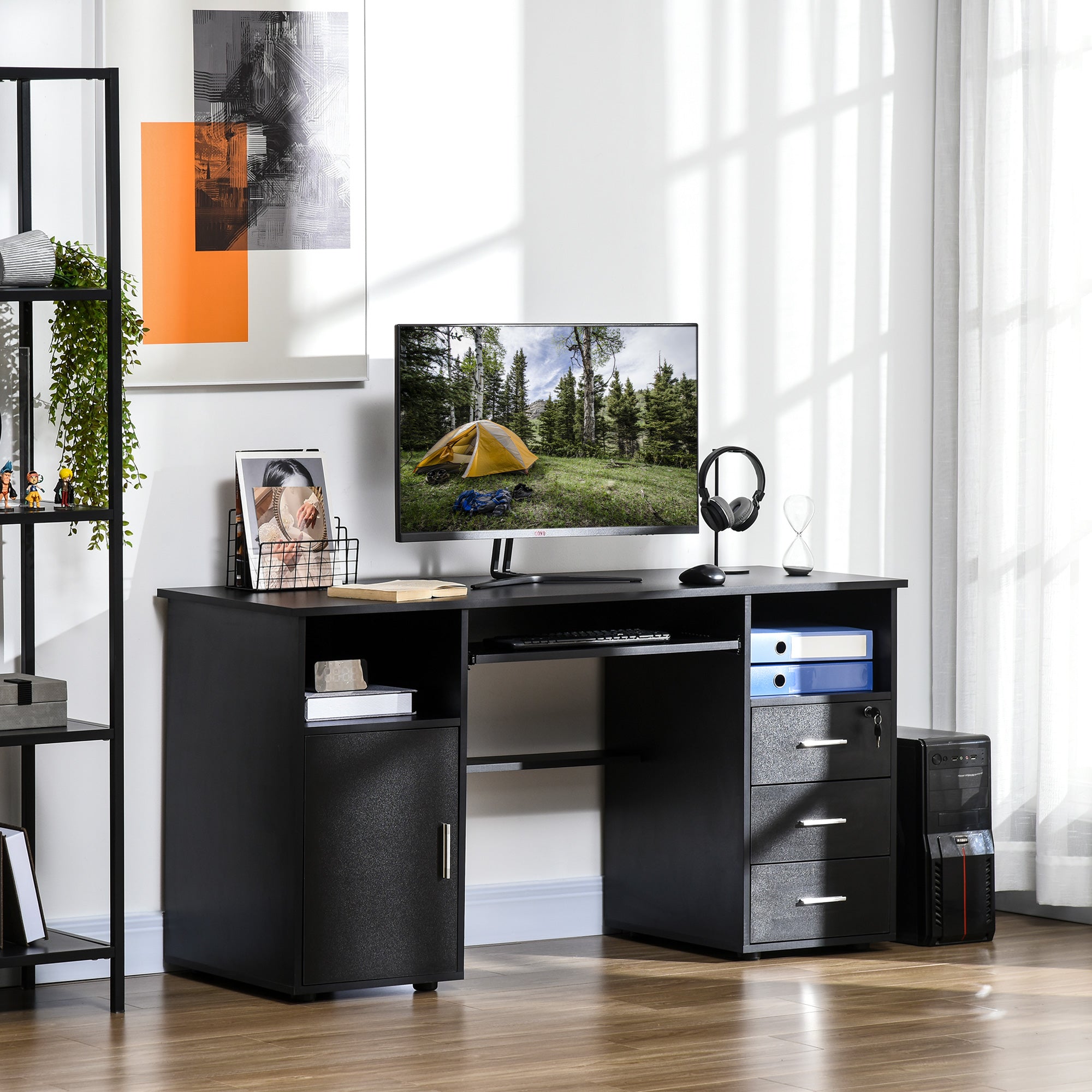 HOMCOM Computer Desk with Keyboard Tray and Drawers, Writing Desk, Home Office Workstation, Black
