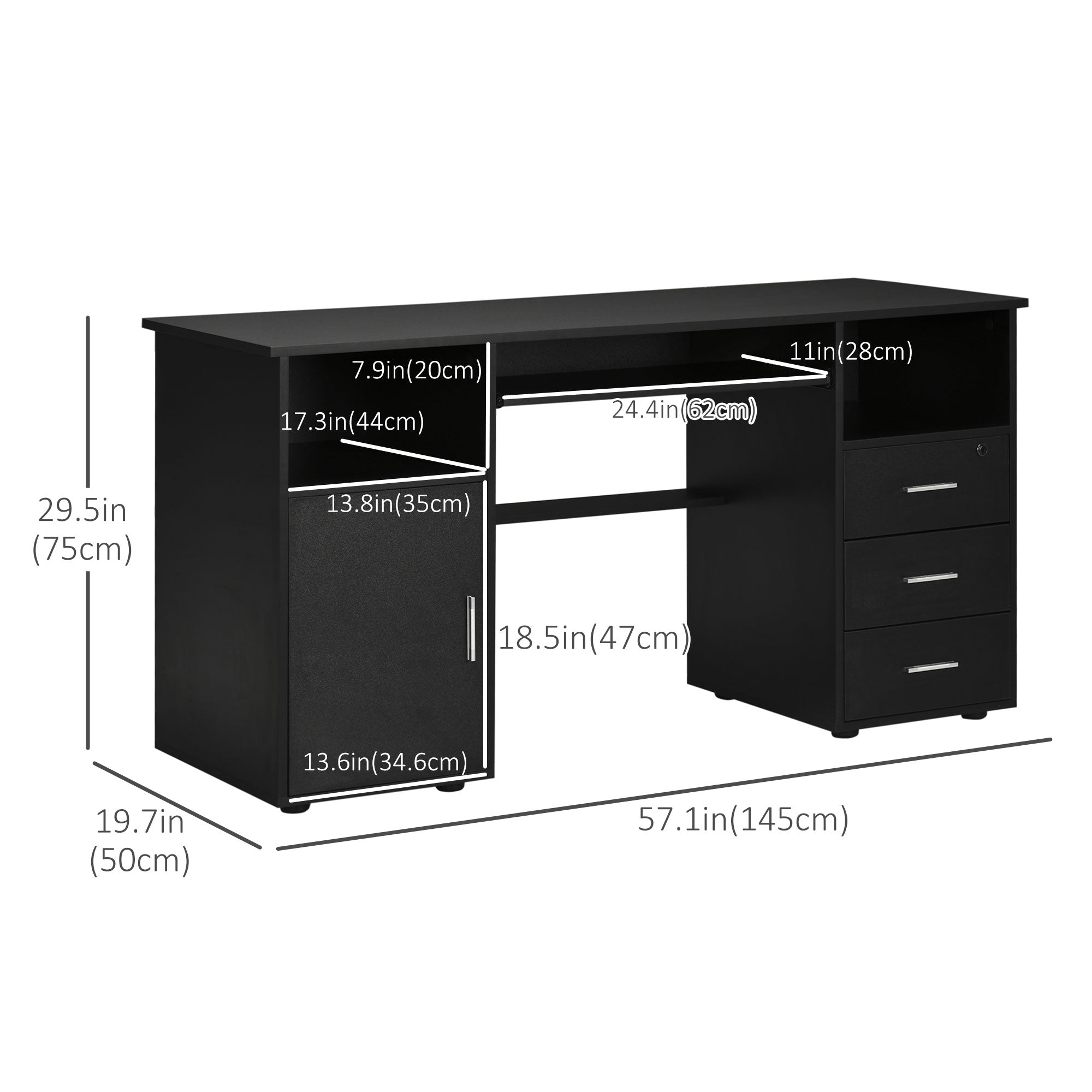 HOMCOM Computer Desk with Keyboard Tray and Drawers, Writing Desk, Home Office Workstation, Black