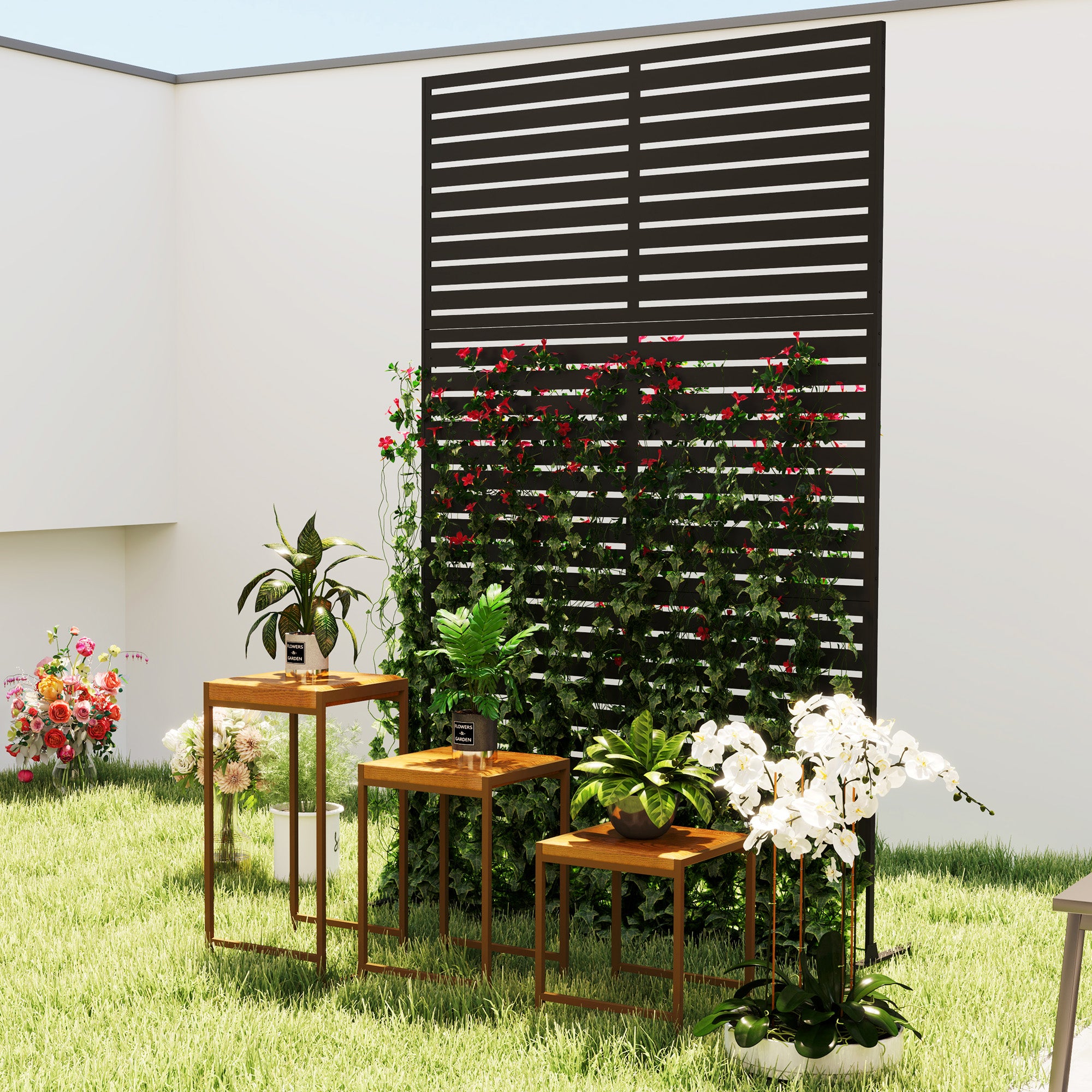 Outsunny Metal Outdoor Privacy Screen, Decorative Outdoor Divider with Stand and Expansion Screws, Freestanding Privacy Panel for Garden Backyard Deck Pool Hot Tub, Black