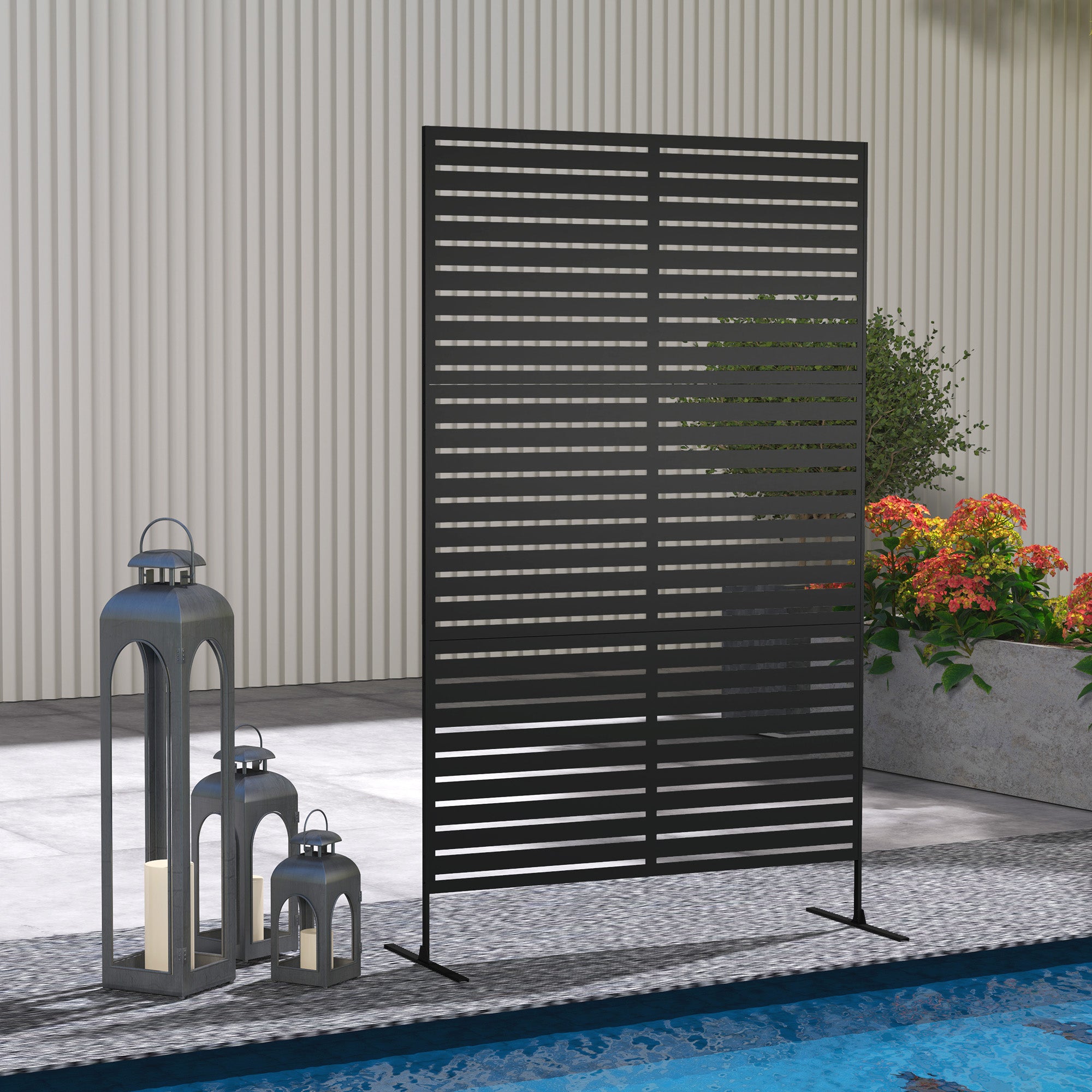 Outsunny Metal Outdoor Privacy Screen, Decorative Outdoor Divider with Stand and Expansion Screws, Freestanding Privacy Panel for Garden Backyard Deck Pool Hot Tub, Black