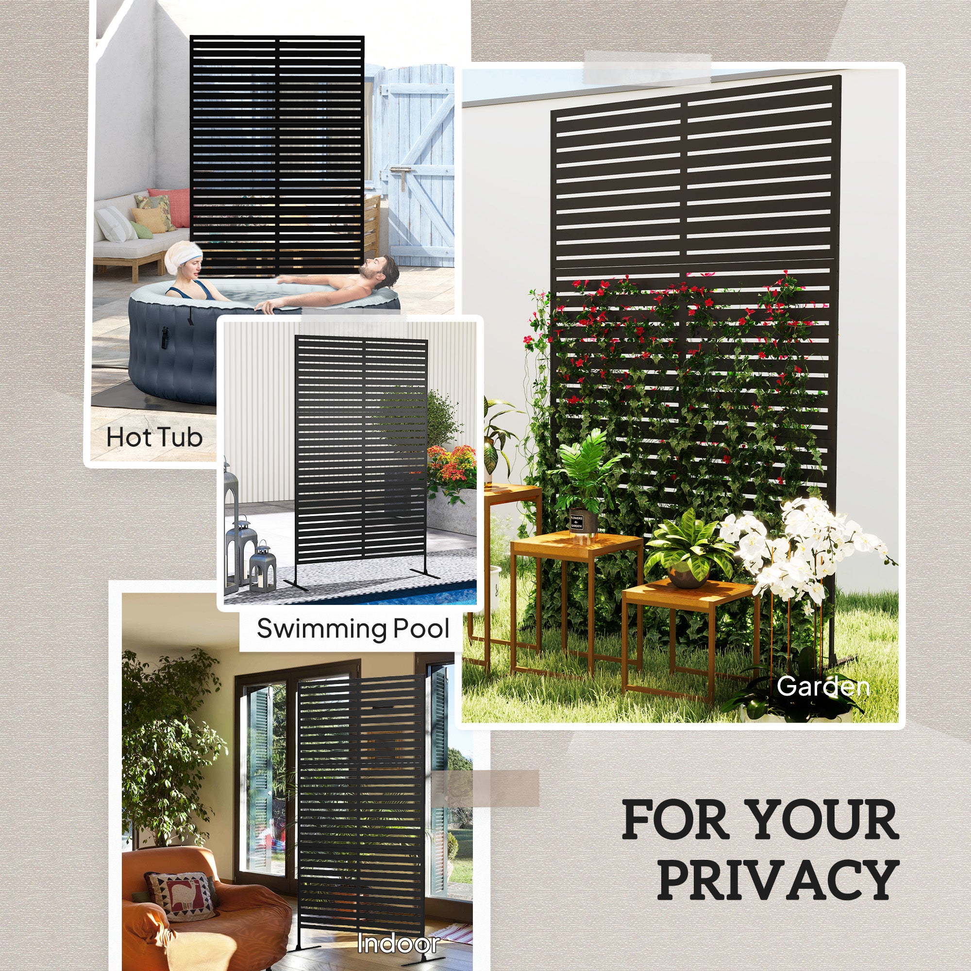 Outsunny Metal Outdoor Privacy Screen, Decorative Outdoor Divider with Stand and Expansion Screws, Freestanding Privacy Panel for Garden Backyard Deck Pool Hot Tub, Black