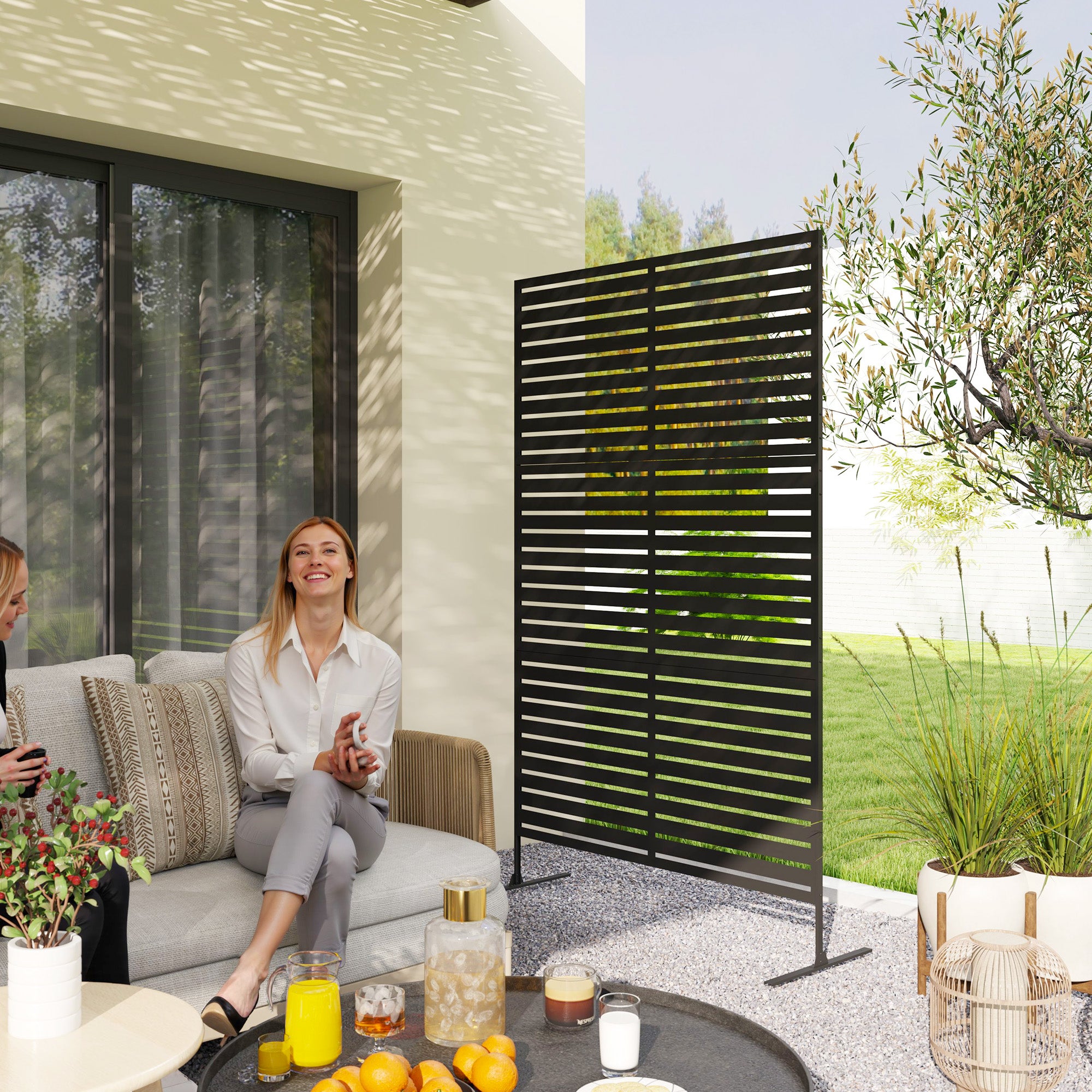 Outsunny Metal Outdoor Privacy Screen, Decorative Outdoor Divider with Stand and Expansion Screws, Freestanding Privacy Panel for Garden Backyard Deck Pool Hot Tub, Black