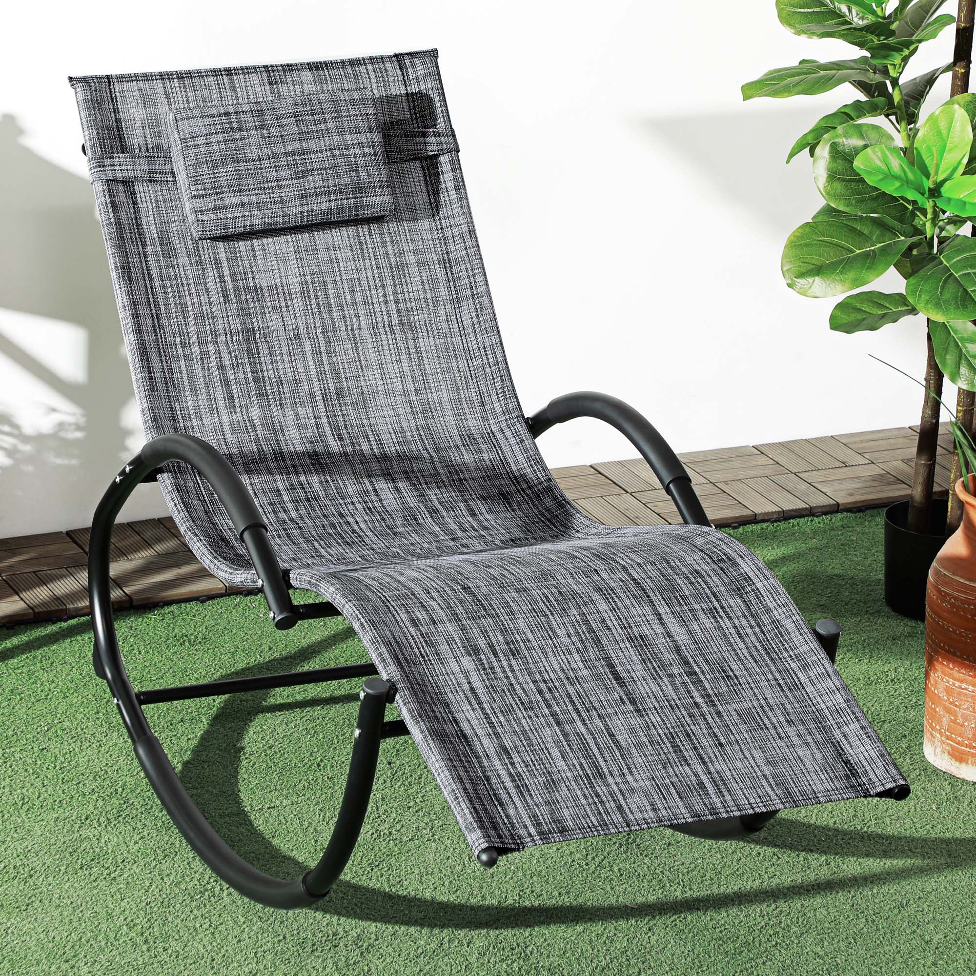 Outsunny Patio Rocking Lounge Chair Outdoor Zero Gravity Rocker with Mesh Seat Padded Pillow Grey