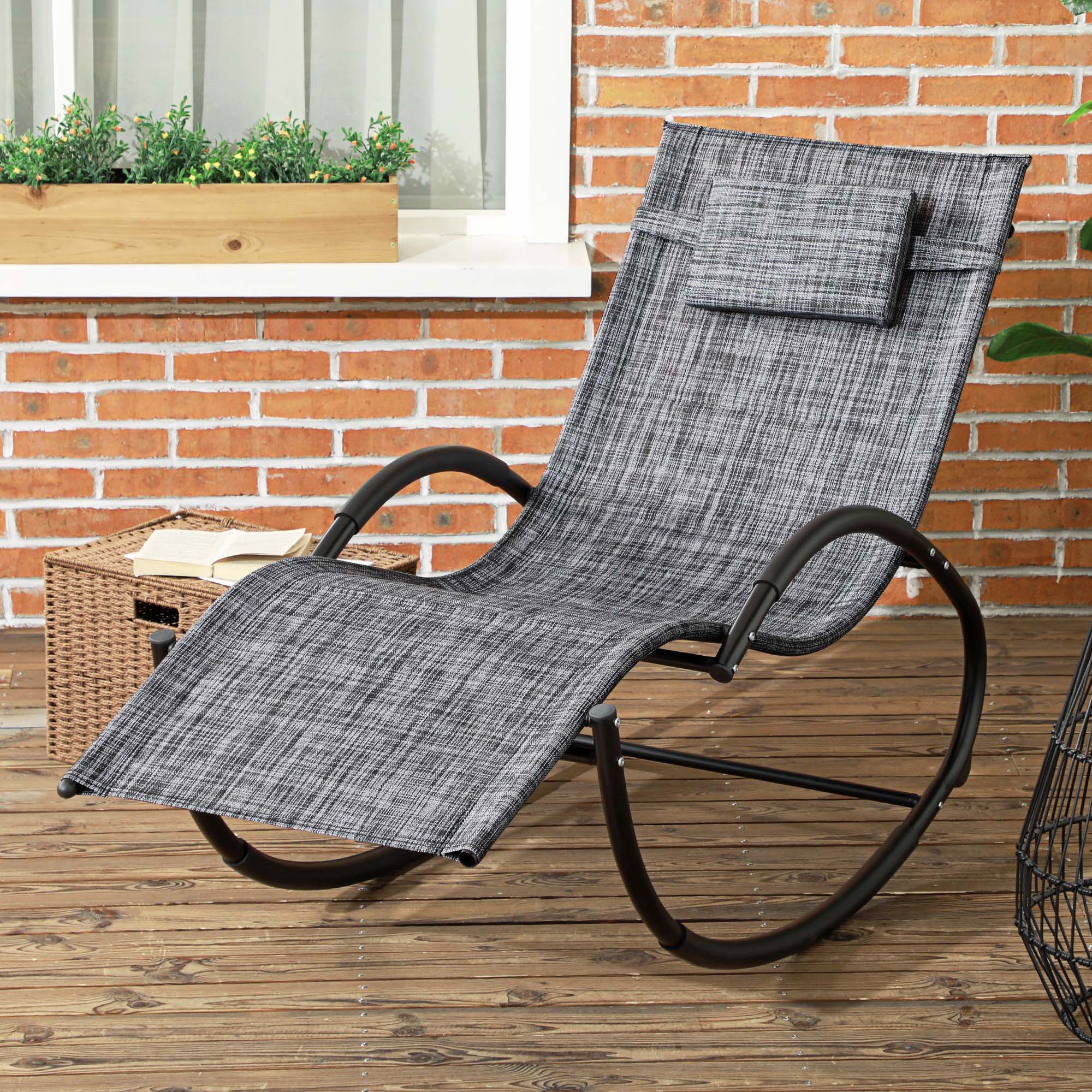 Outsunny Patio Rocking Lounge Chair Outdoor Zero Gravity Rocker with Mesh Seat Padded Pillow Grey