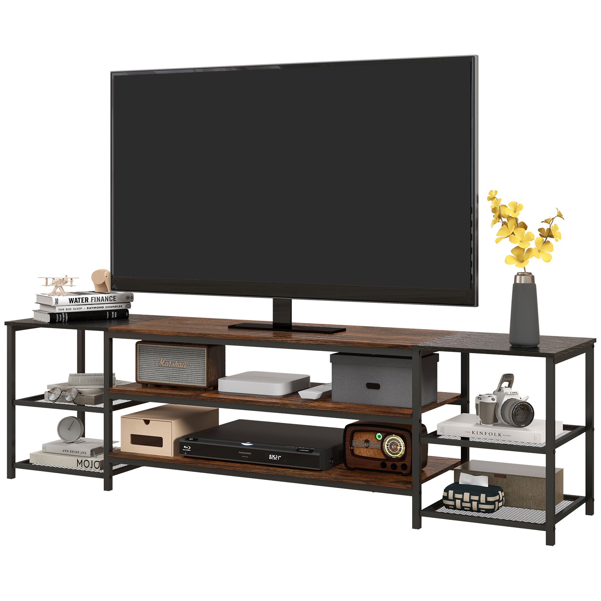 HOMCOM Industrial TV Cabinet for TVs Up to 80", TV Stand with Open Shelf Storage, Media Console with Steel Frame, Rustic Brown